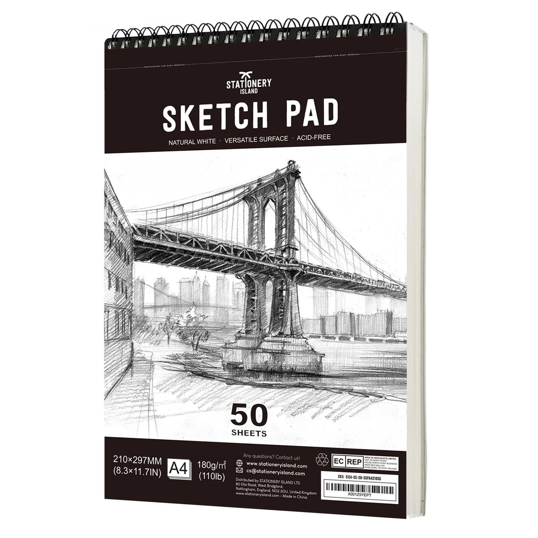 STATIONERY ISLAND Skizzenbuch, A4 Zeichenblock 180 g/m² Dickes Papier, 100 Seiten / 50 Bögen Spiralgebundenes DIN Sketchbook 1 Packungen