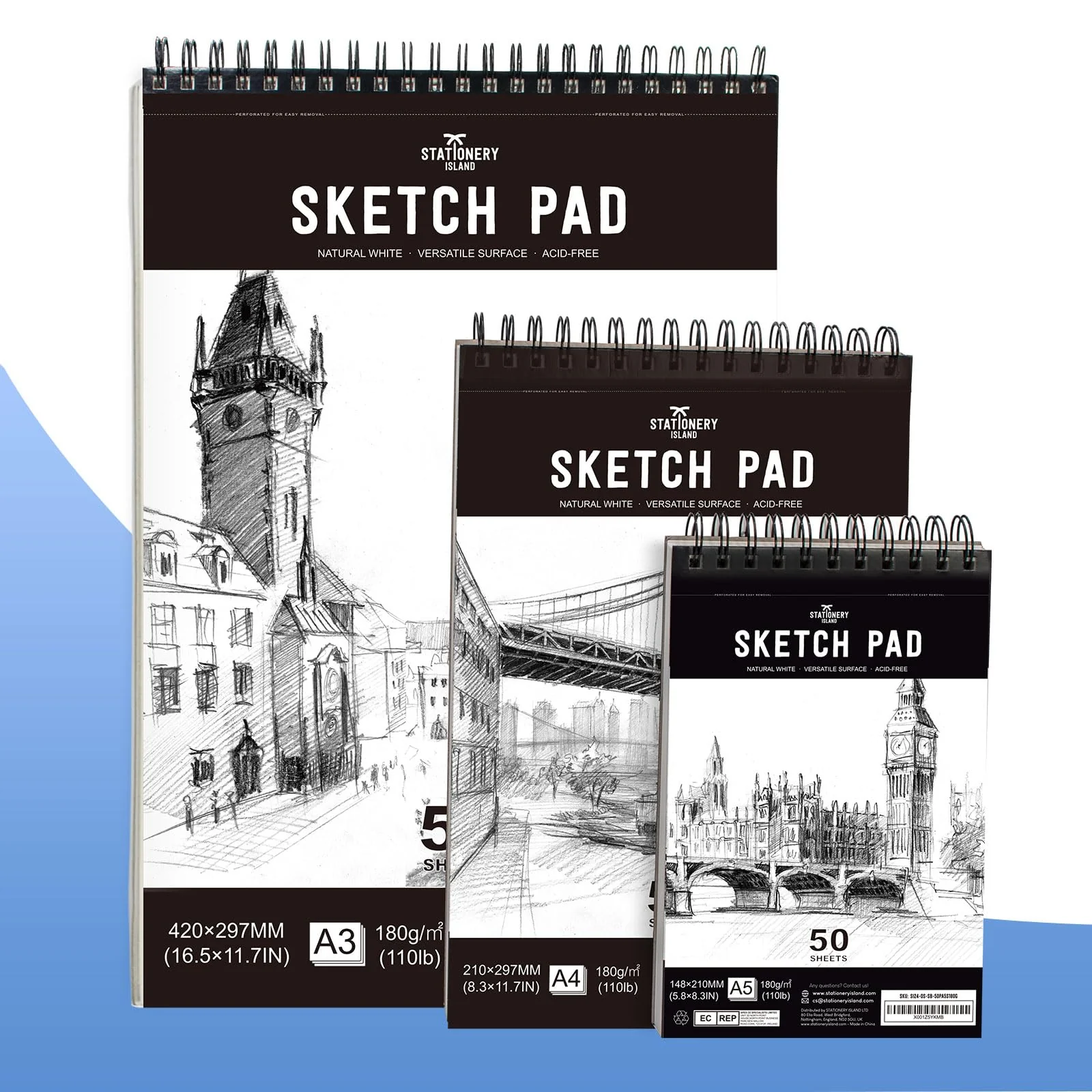 STATIONERY ISLAND Skizzenbuch, A4 Zeichenblock 180 g/m² Dickes Papier, 100 Seiten / 50 Bögen Spiralgebundenes DIN Sketchbook 1 Packungen - Image 2