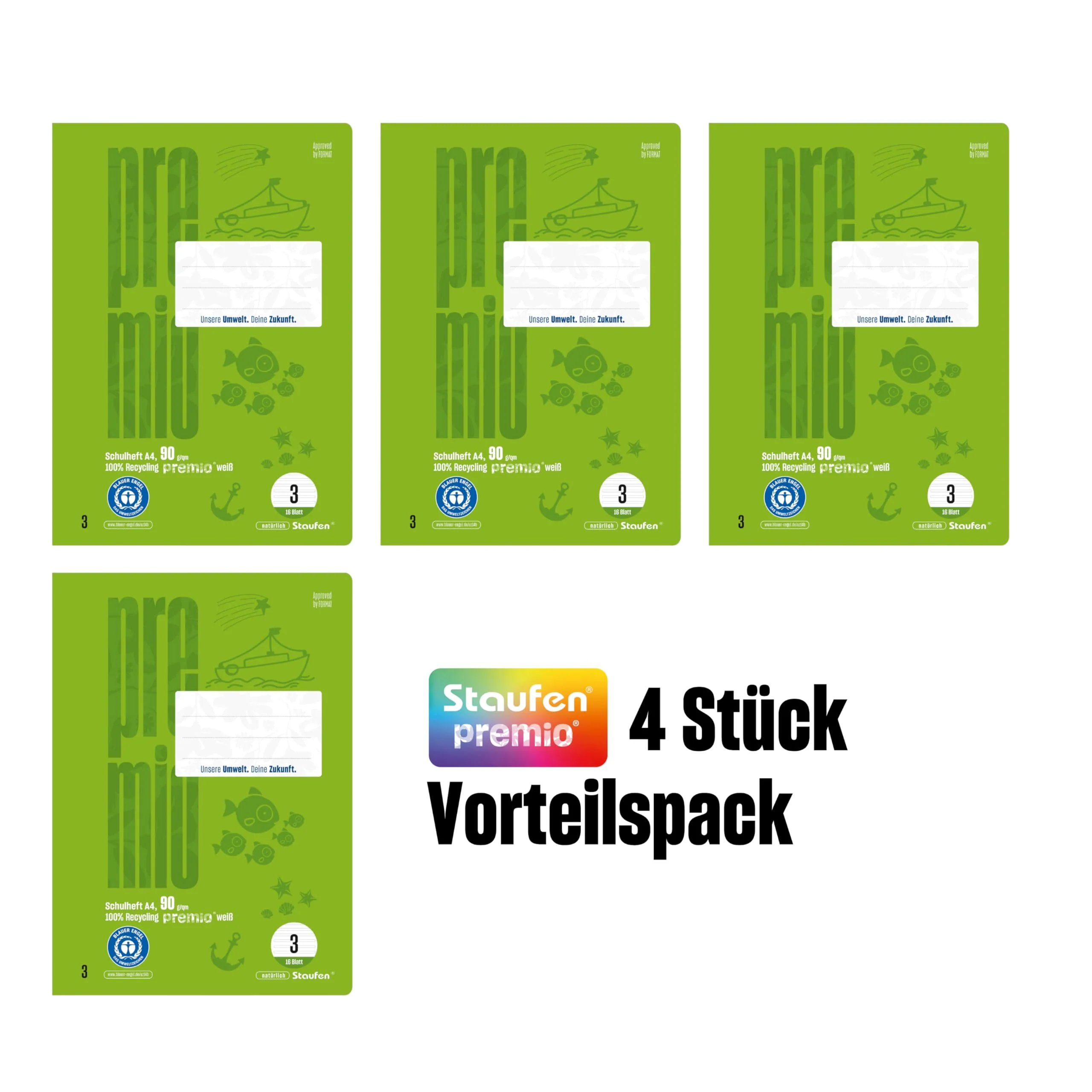 Staufen premio Schulheft - 4 Hefte je 16 Blatt, DIN A4, Lineatur 3 (14 Doppellinien), 90 g/m² Recyclingpapier, runde Ecken verhindern „Eselsohren“ - Image 7