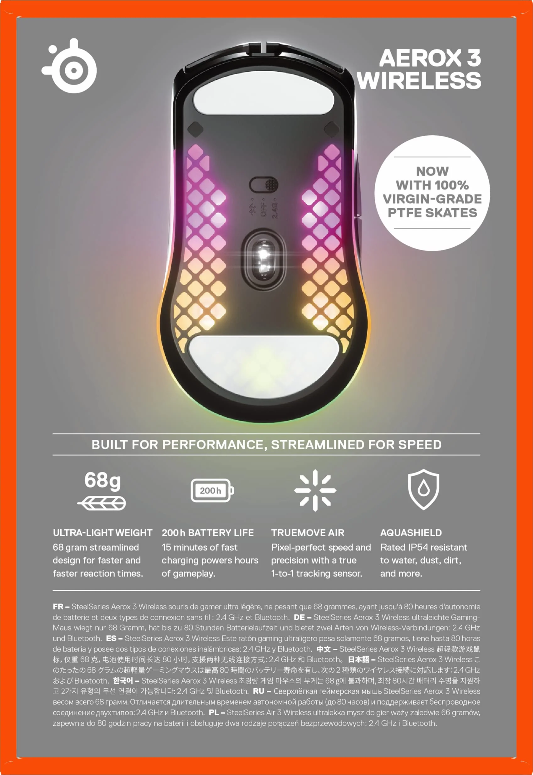 SteelSeries Aerox 3 Wireless - RGB Gaming-Mouse mit Öffnungen in der Oberfläche - Federleichtes, wasserabweisendes Design - Optischer TrueMove Air-Sensor mit 18.000 DPI - Onyx - Image 14