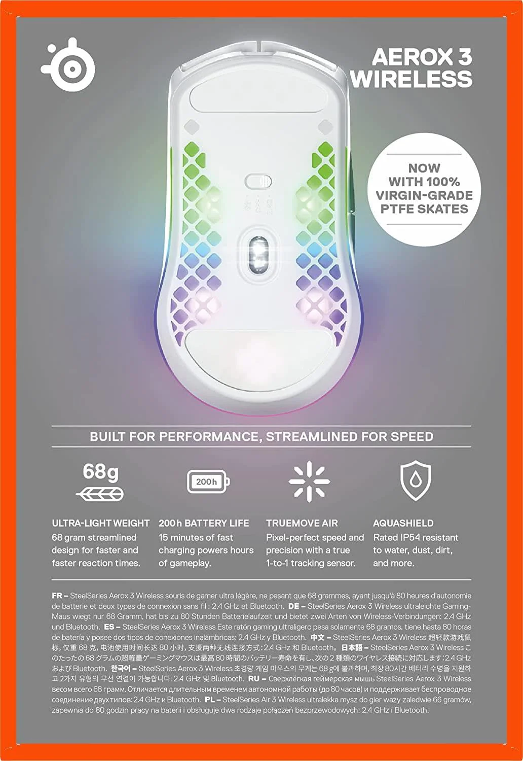 SteelSeries Aerox 3 Wireless - RGB Gaming-Mouse mit Öffnungen in der Oberfläche - Federleichtes, wasserabweisendes Design - Optischer TrueMove Air-Sensor mit 18.000 DPI - Snow - Image 7