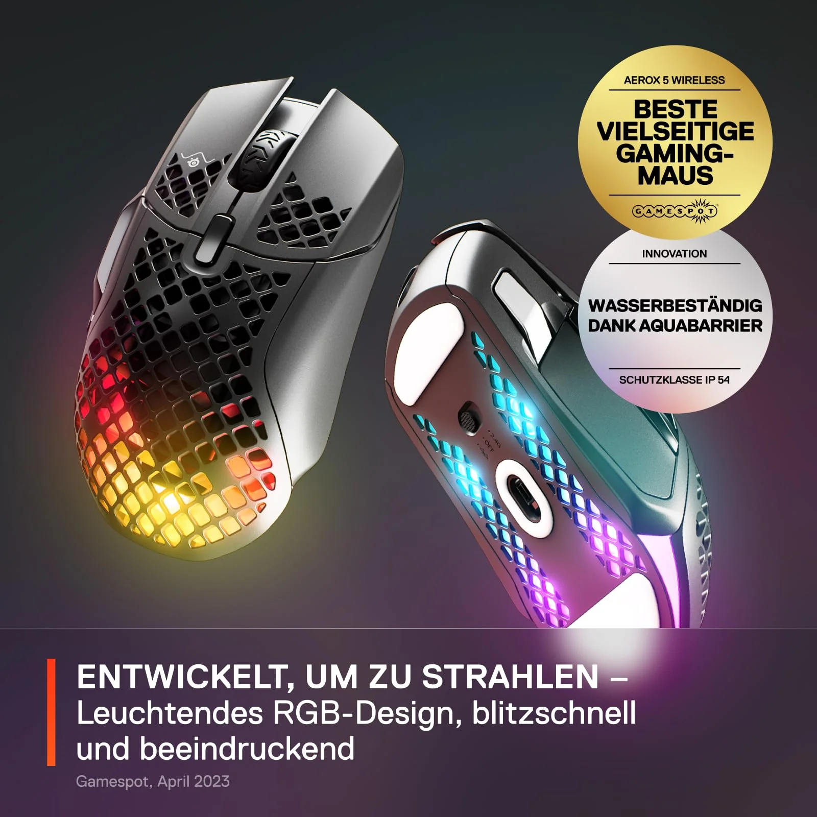 SteelSeries Aerox 5 Wireless – RGB Gaming-Mouse mit Öffnungen in der Oberfläche – Federleichtes, wasserabweisendes Design – 9 Tasten – Bluetooth/2,4 GHz – Optischer TrueMove Air-Sensor mit 18.000 DPI - Image 2
