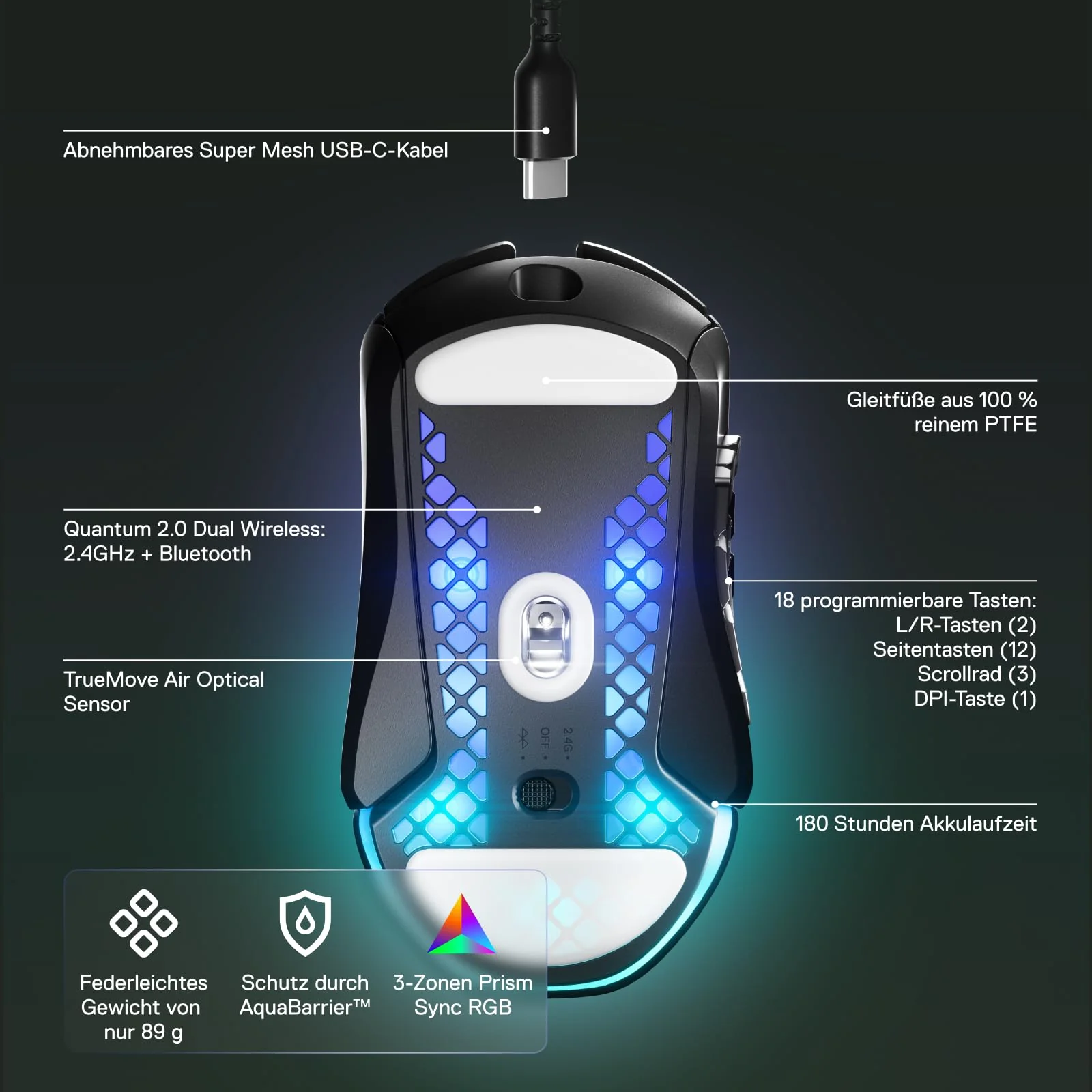 SteelSeries Aerox 9 Wireless - RGB Gaming-Mouse mit Öffnungen in der Oberfläche - Federleichtes, wasserabweisendes Design - 18 Tasten - Bluetooth/2,4 GHz – Optischer TrueMove Air-Sensor mit 18.000 DPI - Image 8