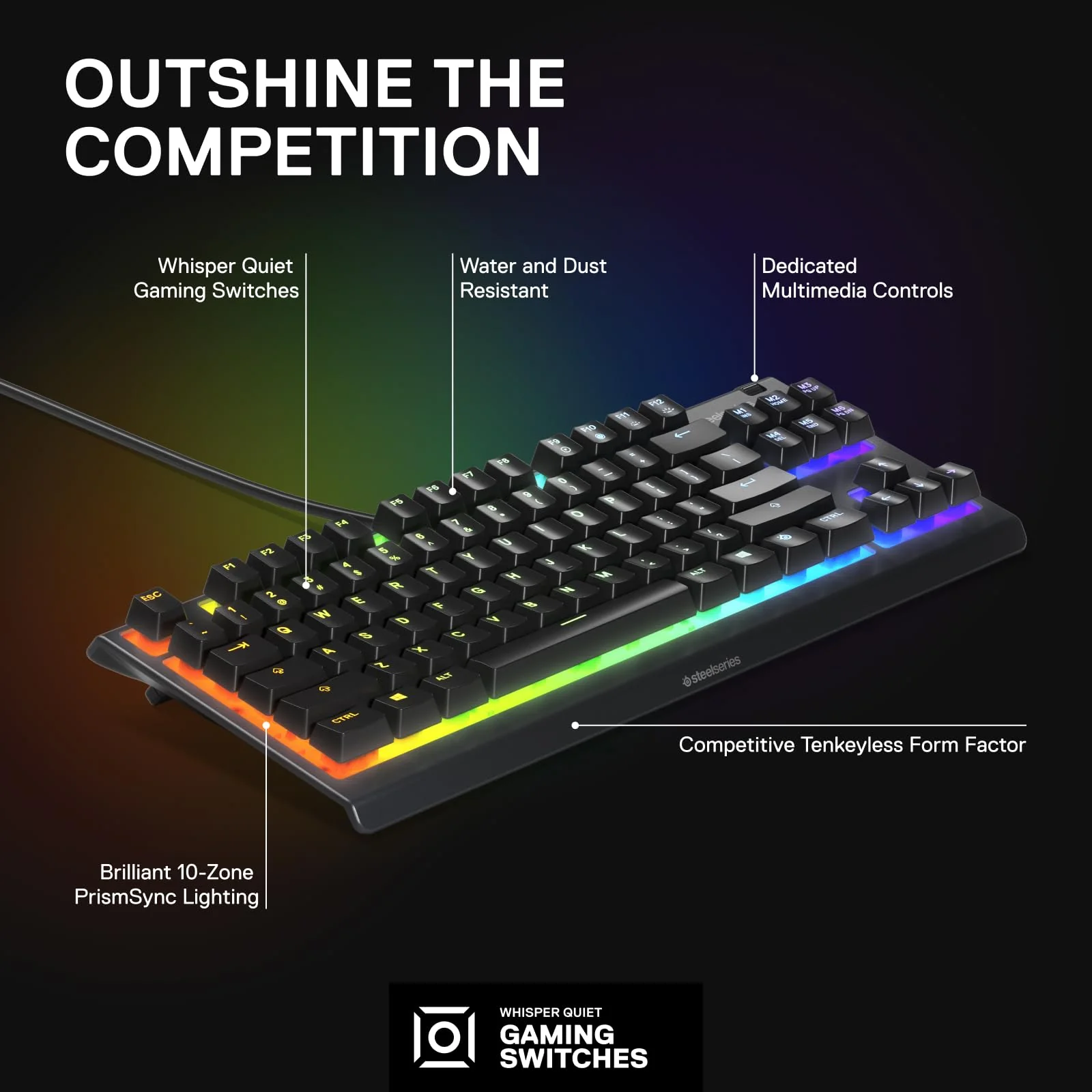 SteelSeries Apex 3 TKL RGB Gaming Tastatur - Tenkeyless Compact Formfaktor - 8-Zonen RGB Beleuchtung - IP32 Wasser- & Staubabweisend - Flüsterleiser Gaming Switch - Gaming Grade Anti-Ghosting - Image 4