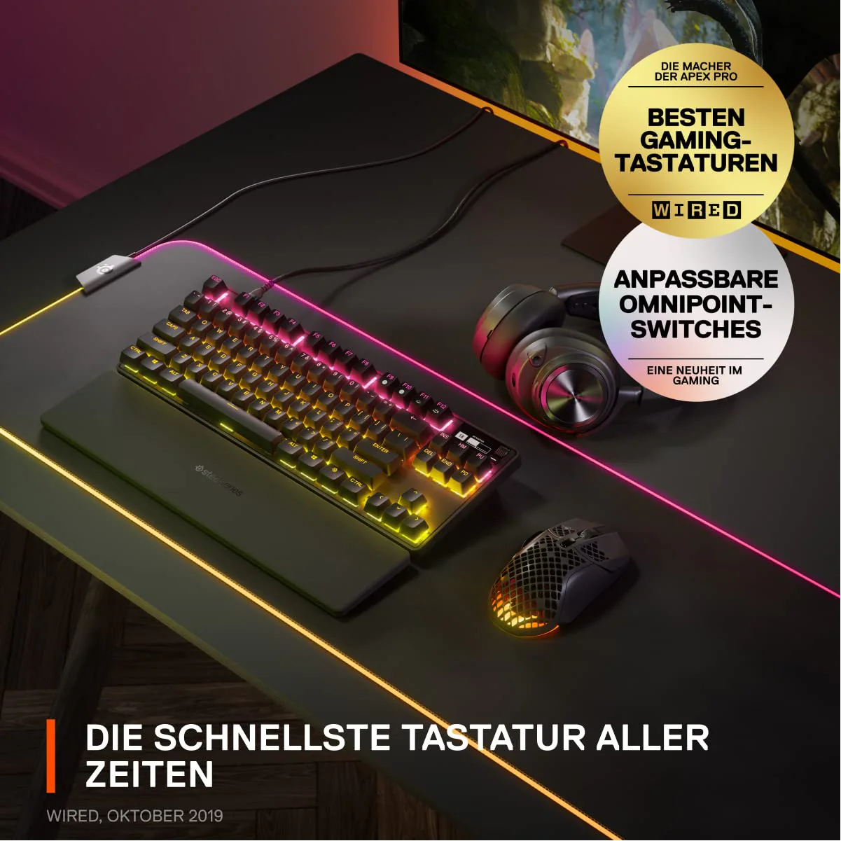SteelSeries Apex Pro TKL HyperMagnetic Gaming-Tastatur – Die schnellste Tastatur – Anpassbares Ansprechverhalten – OLED-Bildschirm – PBT-Keycaps – USB-C – 2023 Edition – Deutsches Tastatur QWERTZ - Image 10