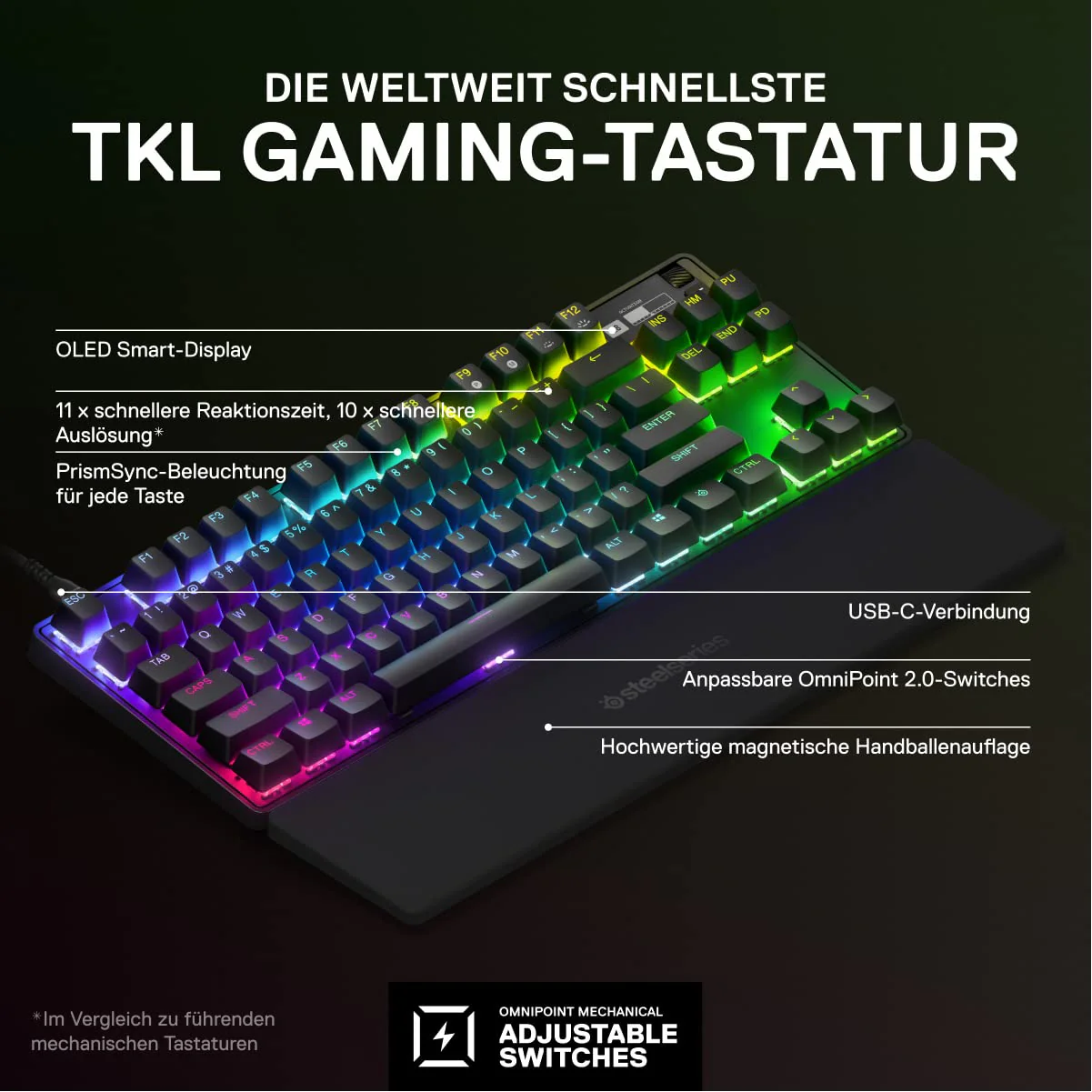 SteelSeries Apex Pro TKL HyperMagnetic Gaming-Tastatur – Die schnellste Tastatur – Anpassbares Ansprechverhalten – OLED-Bildschirm – PBT-Keycaps – USB-C – 2023 Edition – Deutsches Tastatur QWERTZ - Image 8