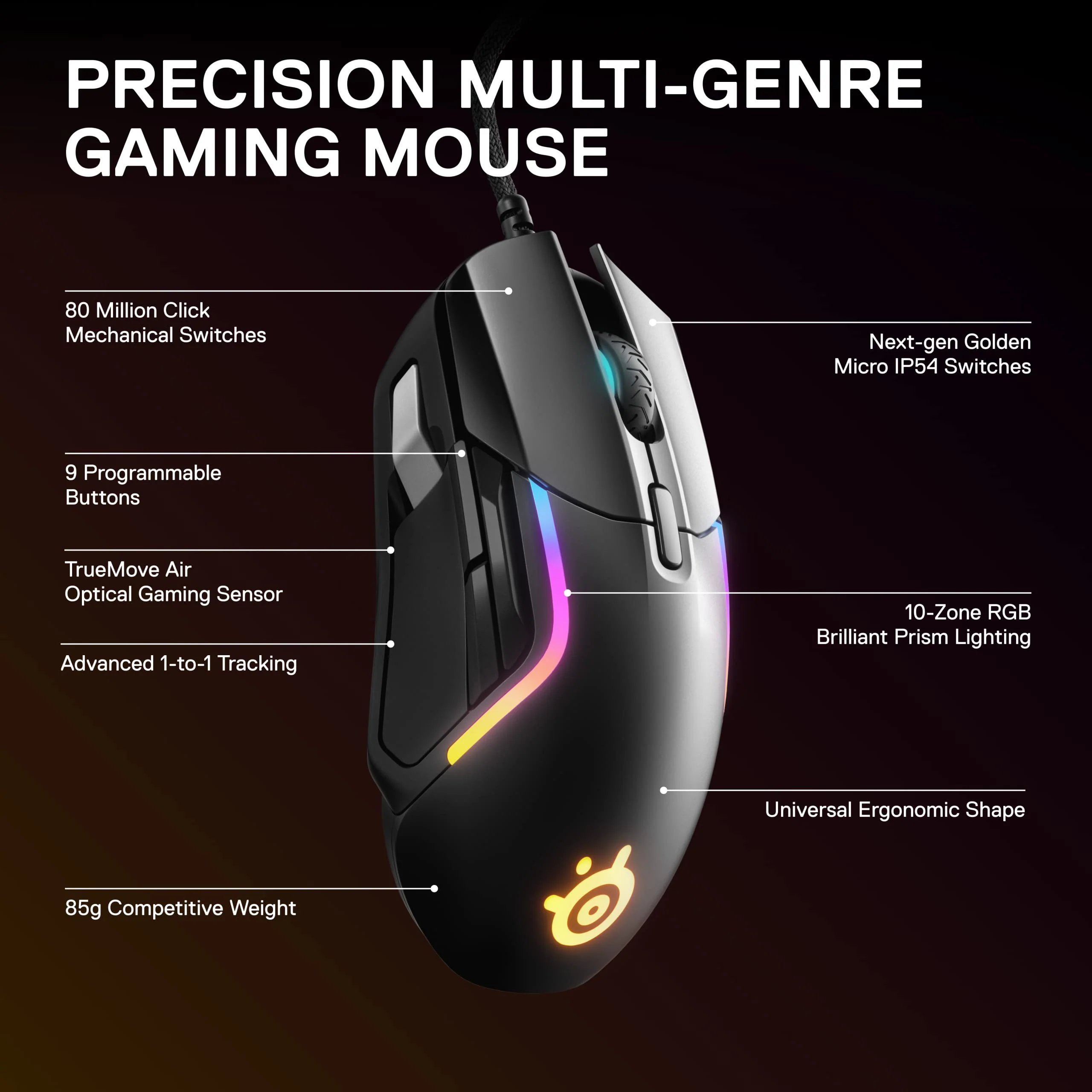 SteelSeries Rival 5 - Gaming-Maus - TrueMove Air Optische Sensor mit 18CPI - 9 programmierbare Tasten - Federleichte 85 Gramm, Schwarz - Image 6