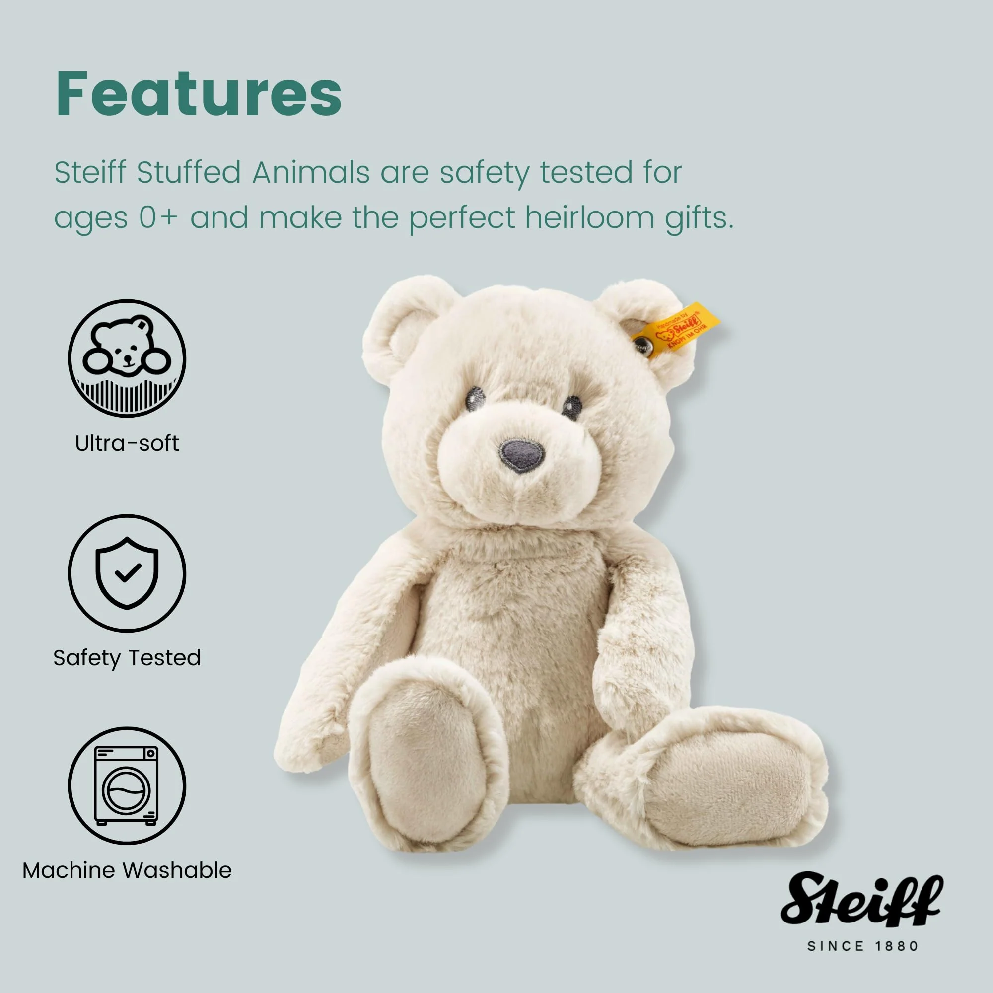 Steiff Bearzy Teddybär beige 28 cm, Stofftier Teddy, Kuscheltier Bär aus Plüsch, zum Kuscheln und Spielen für Babys & Kinder, Soft Cuddly Friends, Plüschtier für babysanfte Haut, waschmaschinenfest - Image 5