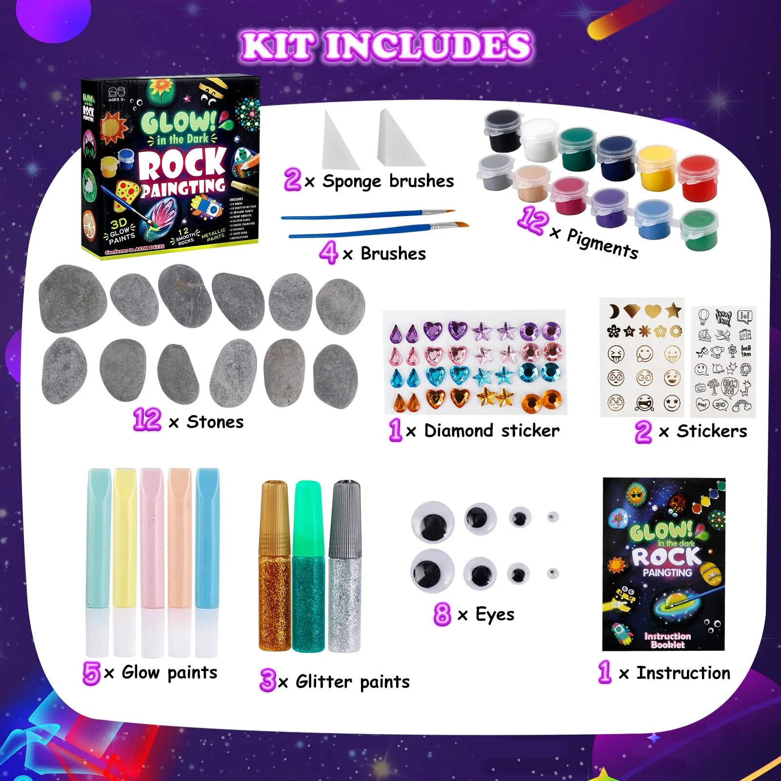 Steine zum Bemalen, Bastelset Kinder ab 5 6 7 8 9 10 Jahre Geschenk Mädchen 6-12 Jahren Basteln Mädchen 6-9 Jahre Weihnacht Geschenk 12 Stück Steine Bemalen Set mit 20 Farben(Farbe Leuchtet Im Dunkel) - Image 3