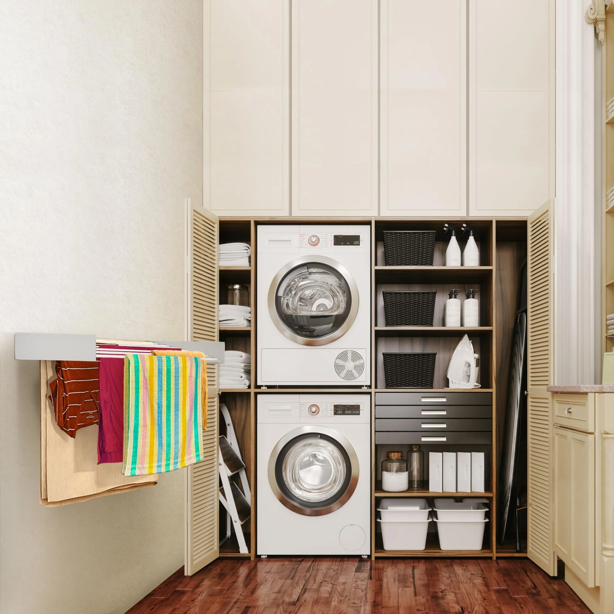 Step Up Wäscheständer - wandmontiert - ausziehbar - Wäscheständer klappbar, faltbar für drinnen oder draußen - platzsparendes, kompaktes Design, 30 kg Tragkraft, 8.4 m Leitung (120 cm - weiß) - Image 4
