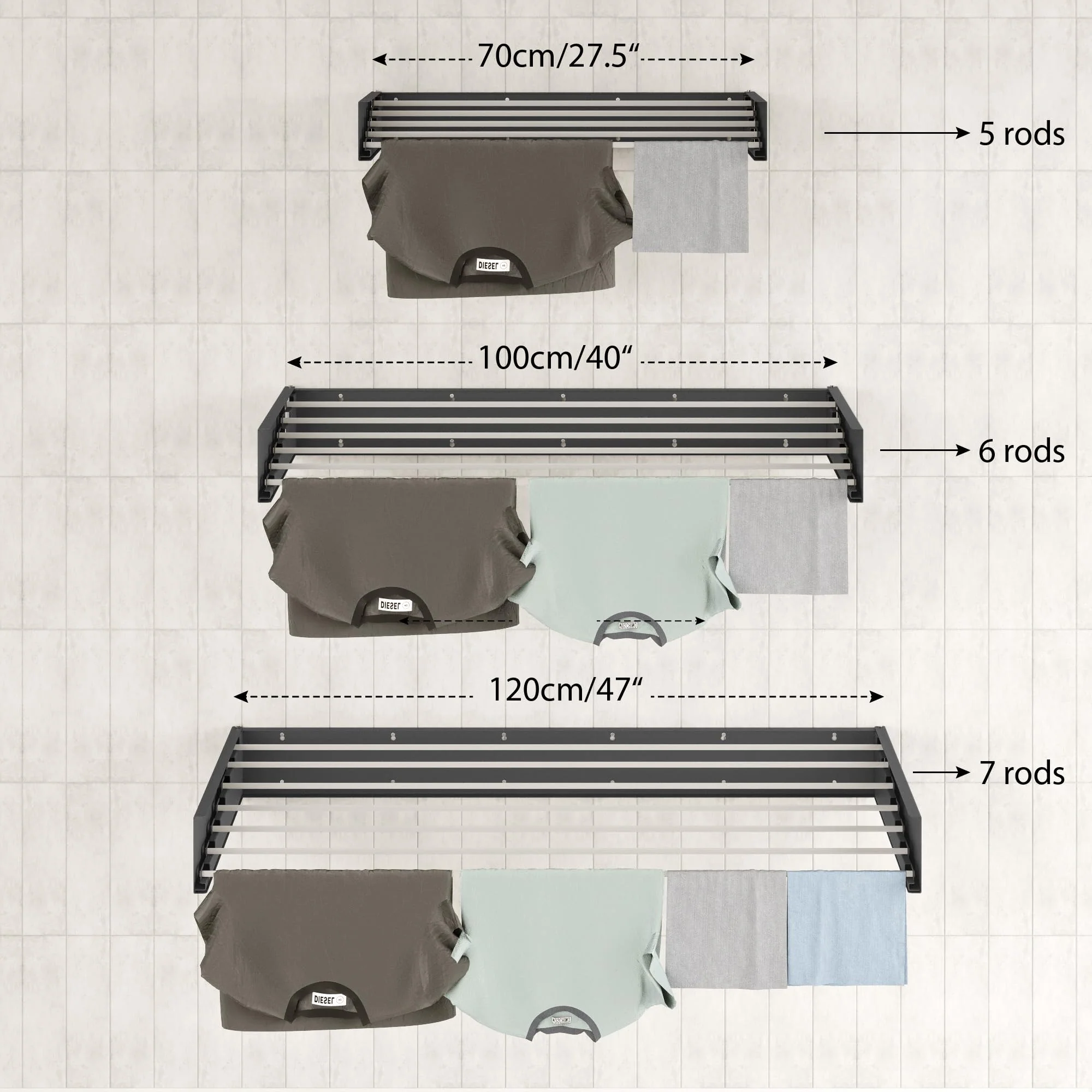 Step Up Wäscheständer - wandmontiert - ausziehbar - Wäscheständer klappbar, faltbar für drinnen oder draußen - platzsparendes, kompaktes Design, 30 kg Tragkraft, 8.4 m Leitung (120 cm - weiß) - Image 6