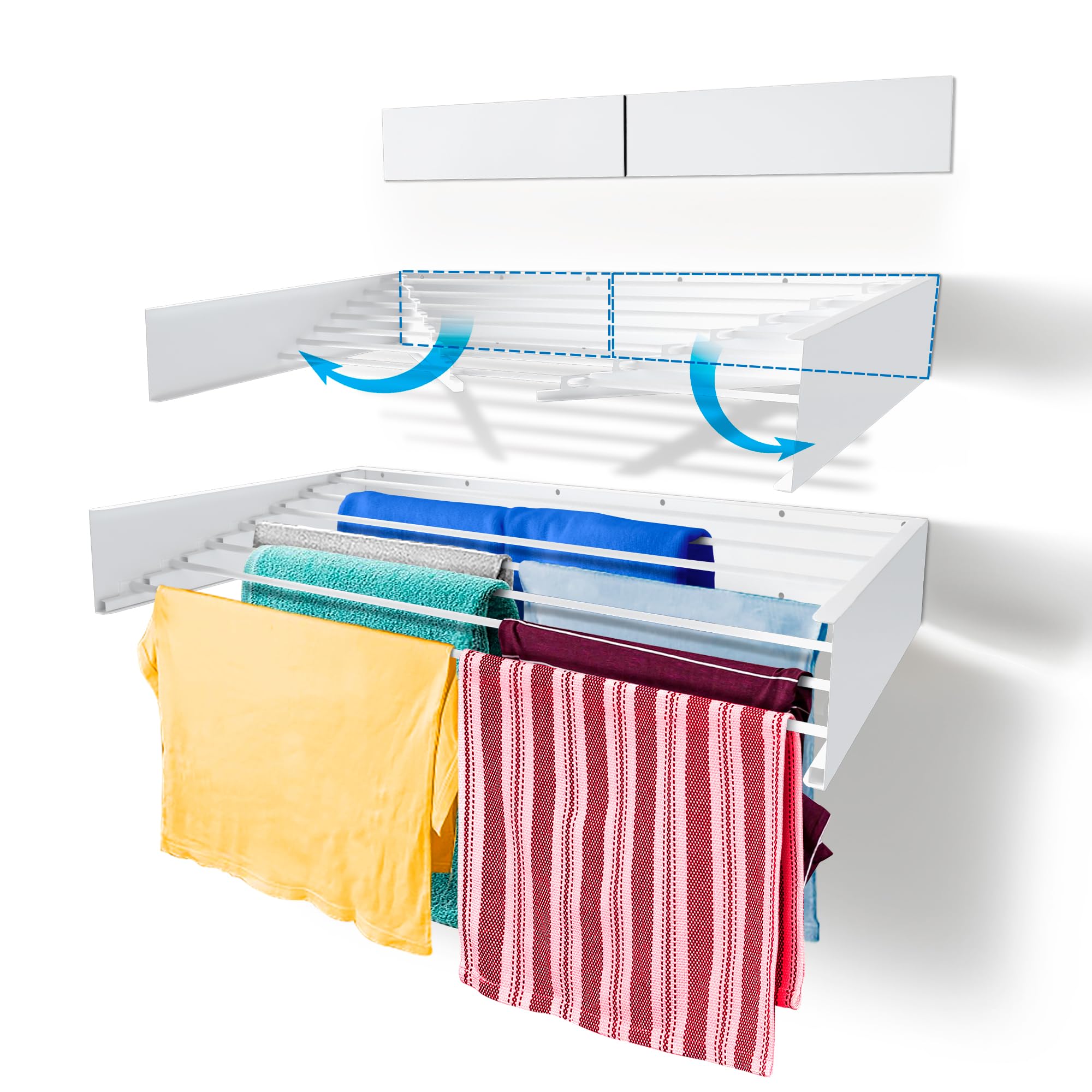Step Up Wäscheständer - wandmontiert - ausziehbar - Wäscheständer klappbar, faltbar für drinnen oder draußen - platzsparendes, kompaktes Design, 30 kg Tragkraft, 8.4 m Leitung (120 cm - weiß) - Image 8