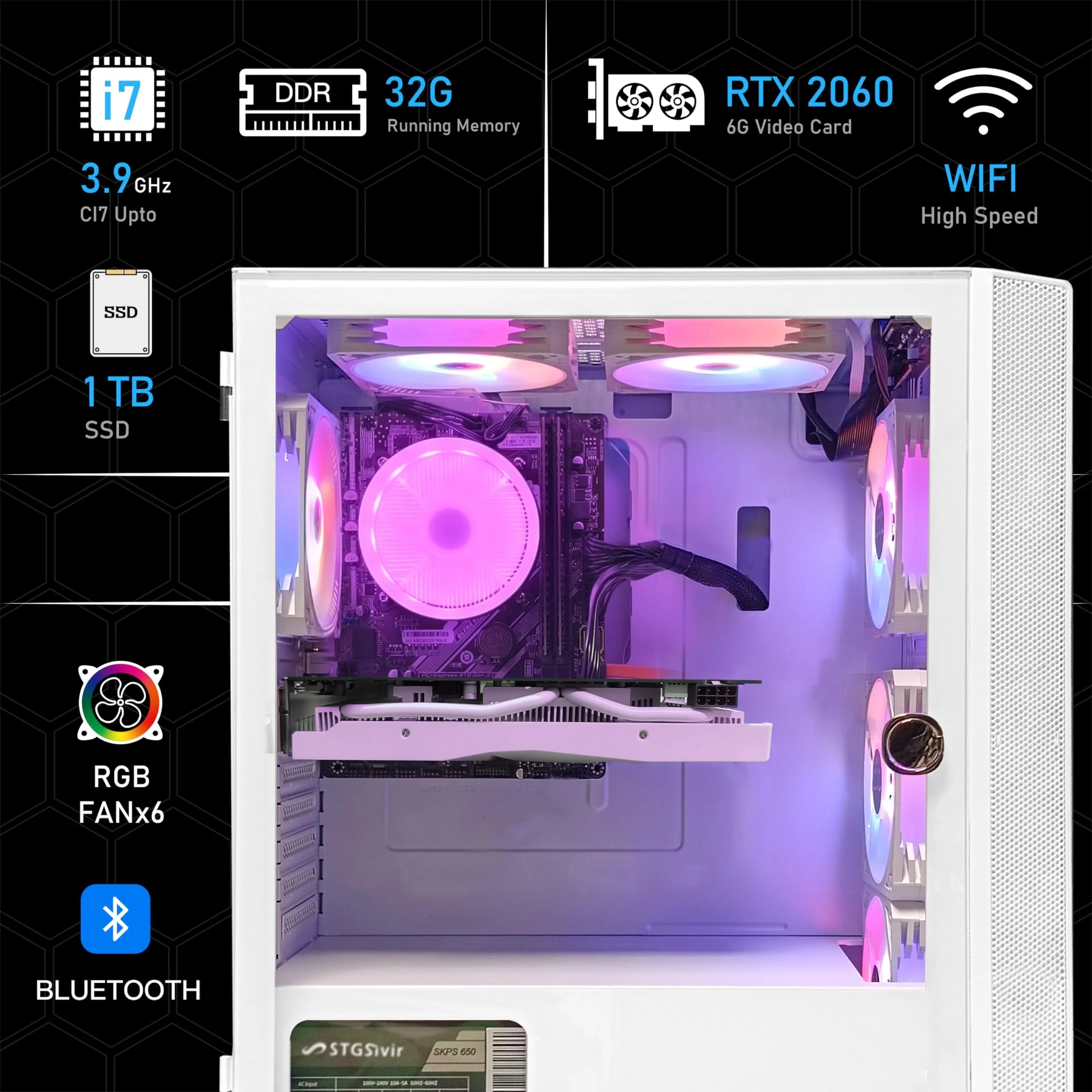 STGsivir Gaming PC, GeForce RTX 2060 6 GB, Core i7 bis zu 3.9 GHz, 32 GB RAM, 1 TB SSD, WiFi 600 M, BT 5.0, RGB-Lüfter x 6, W10H64, Gamer PC Computer Desktop Rechner - Image 4