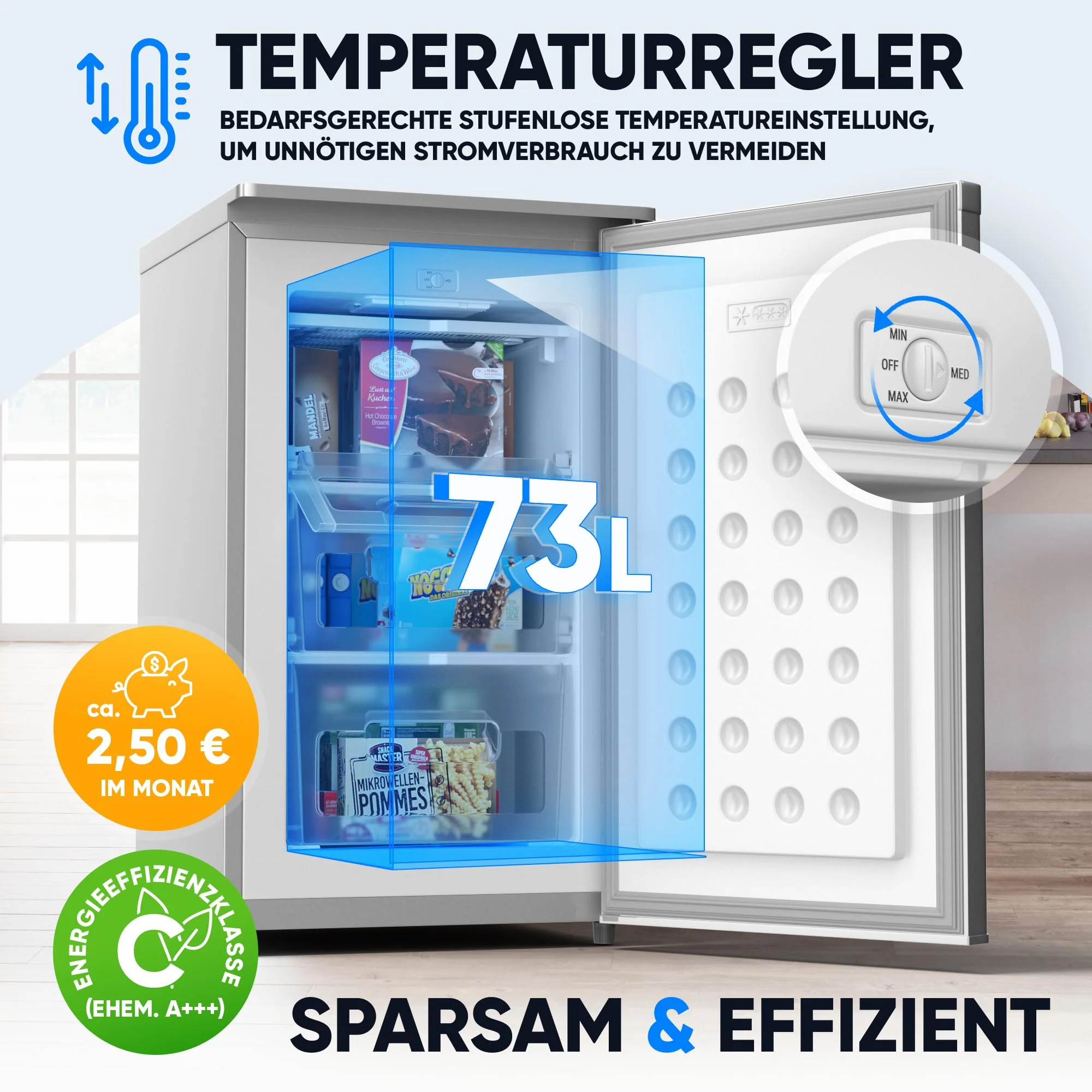 Stillstern Gefrierschrank C (73L) 4-Sterne-Gefrierfach -18°C, geringer Energieverbrauch, 3 Fächer, stufenlos regelbare Temperatur, wechselbarer Türanschlag, Gefrierschrank Klein, Tiefkühlschrank - Image 6