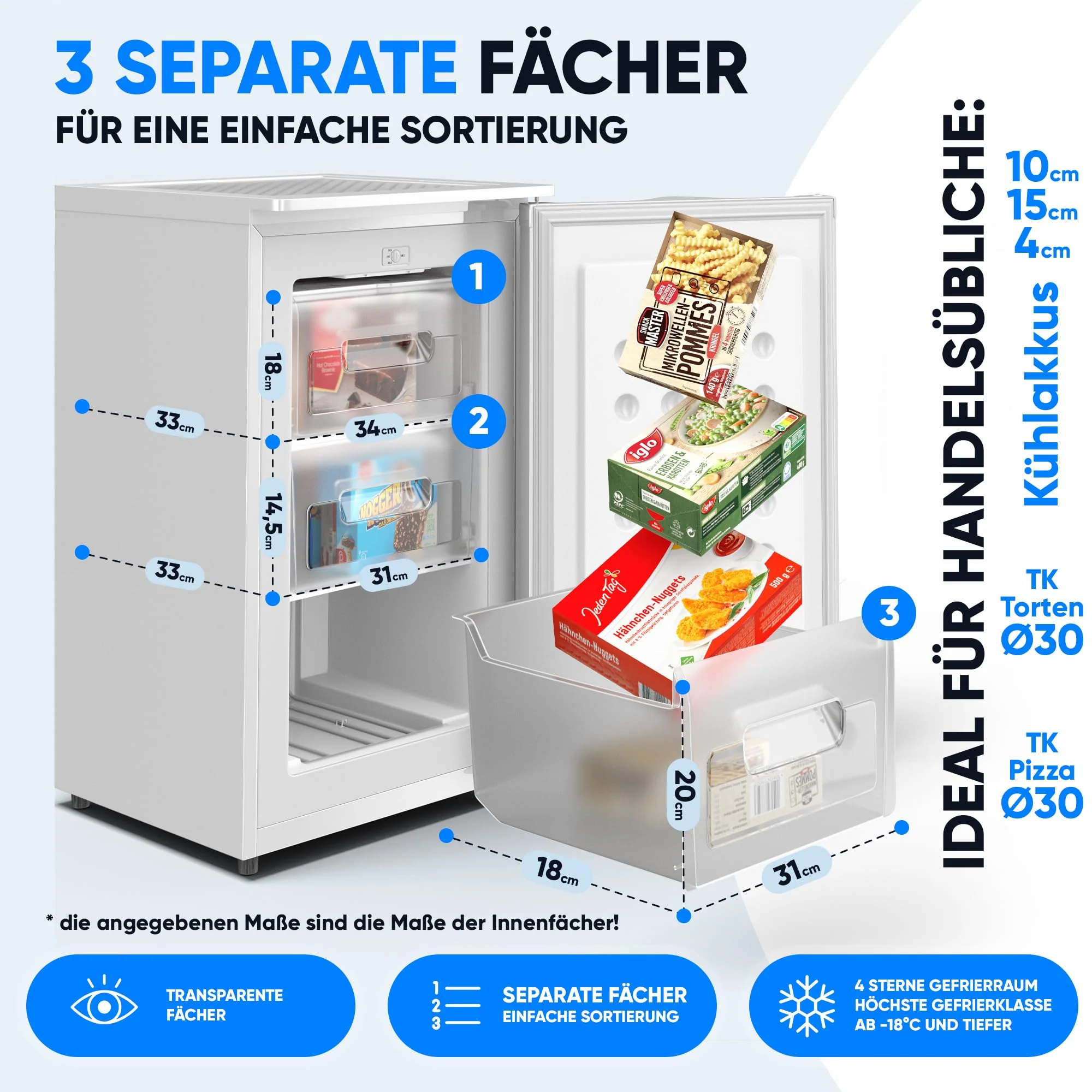 Stillstern Gefrierschrank C (73L) 4-Sterne-Gefrierfach -18°C, geringer Energieverbrauch, 3 Fächer, stufenlos regelbare Temperatur, wechselbarer Türanschlag, Gefrierschrank Klein, Tiefkühlschrank