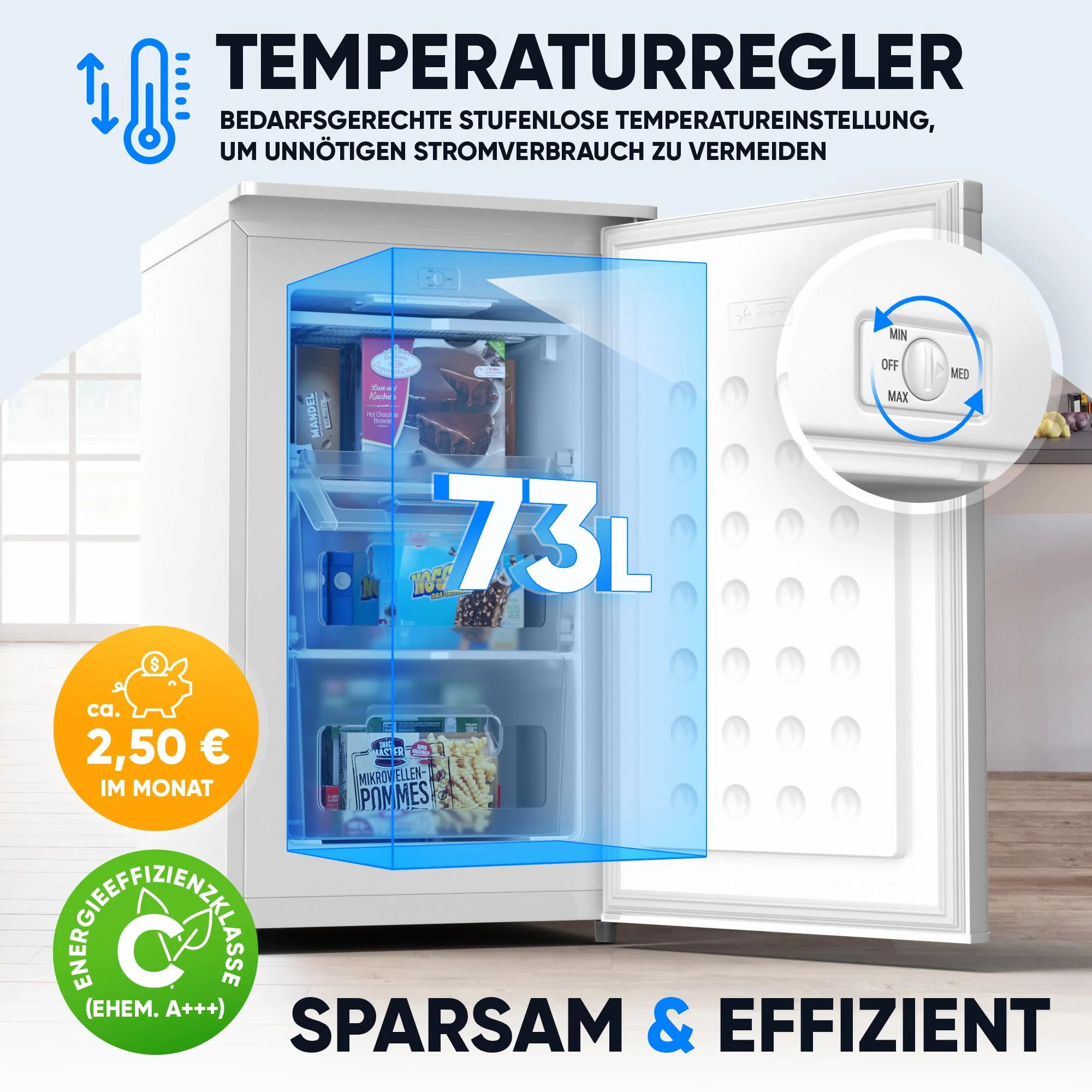 Stillstern Gefrierschrank C (73L) 4-Sterne-Gefrierfach -18°C, geringer Energieverbrauch, 3 Fächer, stufenlos regelbare Temperatur, wechselbarer Türanschlag, Gefrierschrank Klein, Tiefkühlschrank - Image 6