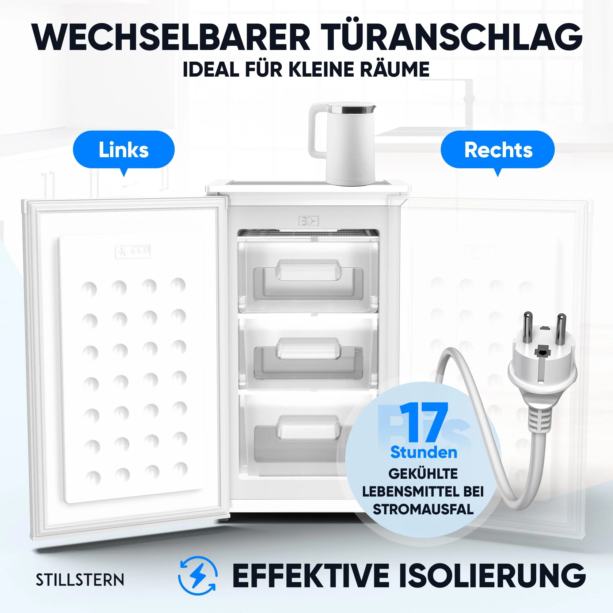 Stillstern Gefrierschrank E (73L) 4-Sterne-Gefrierfach -18°C, geringer Energieverbrauch, 3 Fächer, stufenlos regelbare Temperatur, wechselbarer Türanschlag, Klein Tiefkühlschrank - Image 9