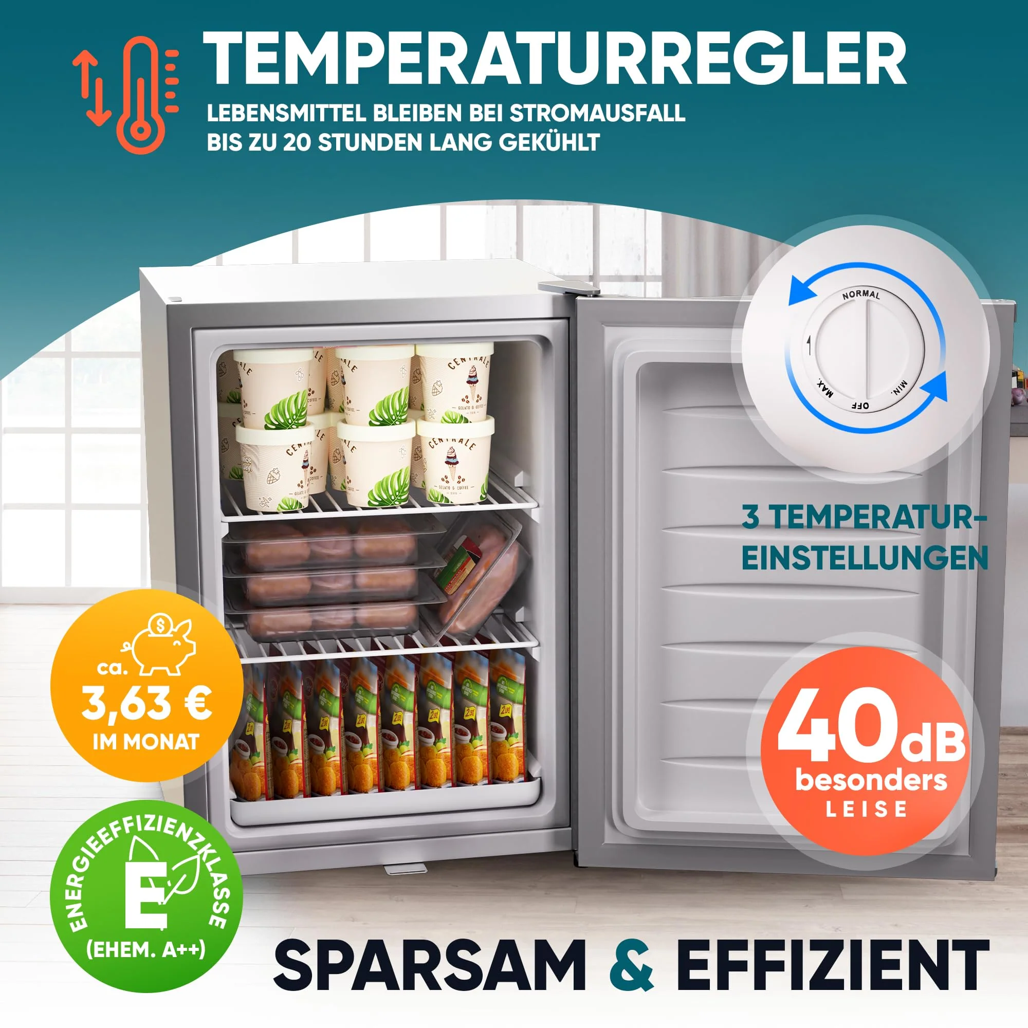 Stillstern Mini Gefrierschrank (42L) -18°C, Eiswürfelschale, Schloss, Türanschlag wechselbar, 4-Sterne Tiefkühlschrank für Camping/Büro Gefriertruhe Klein Gefrierschrank Klein Tiefkühltruhe - Image 2