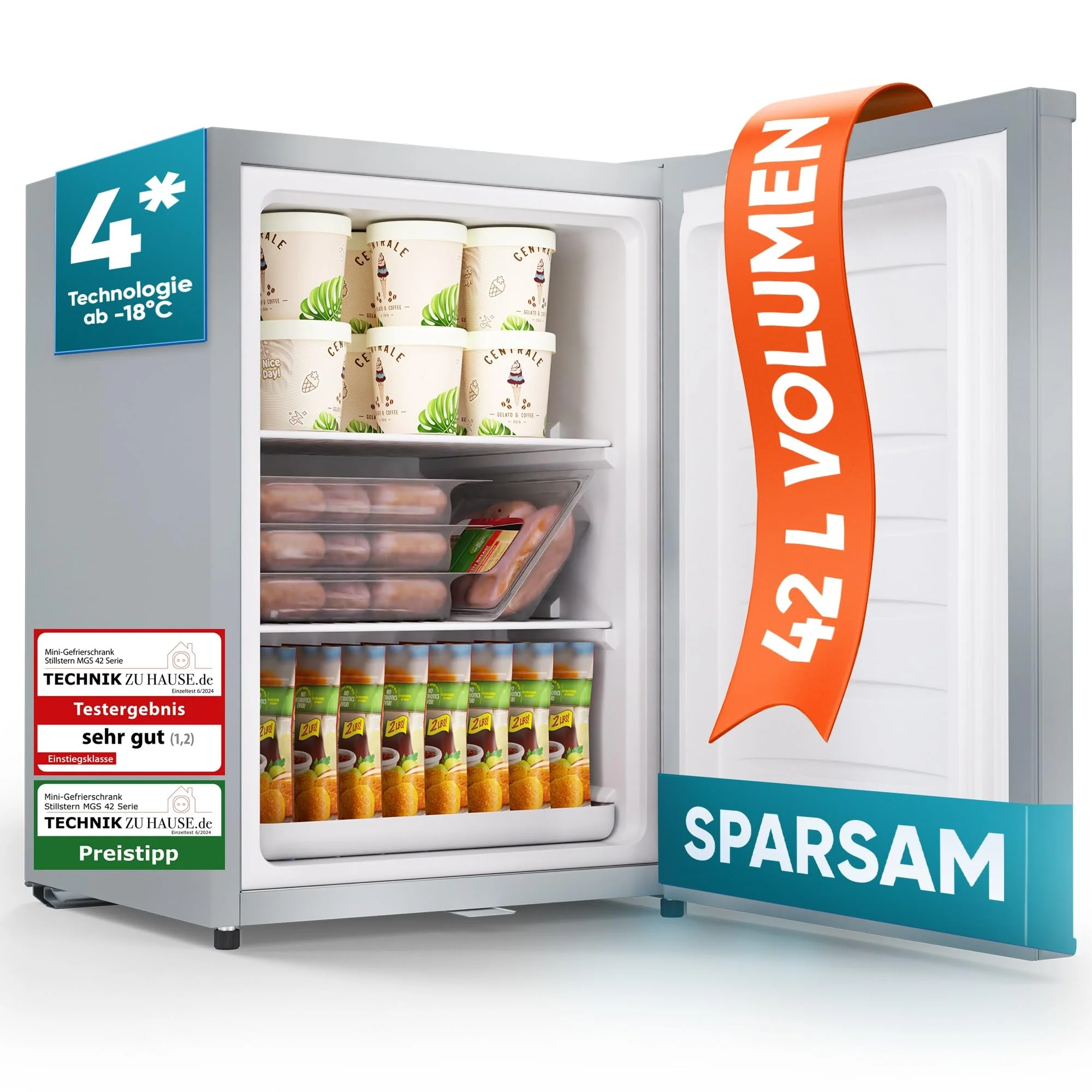 Stillstern Mini Gefrierschrank (42L) -18°C, Eiswürfelschale, Schloss, Türanschlag wechselbar, 4-Sterne Tiefkühlschrank für Camping/Büro Gefriertruhe Klein Gefrierschrank Klein Tiefkühltruhe - Image 5
