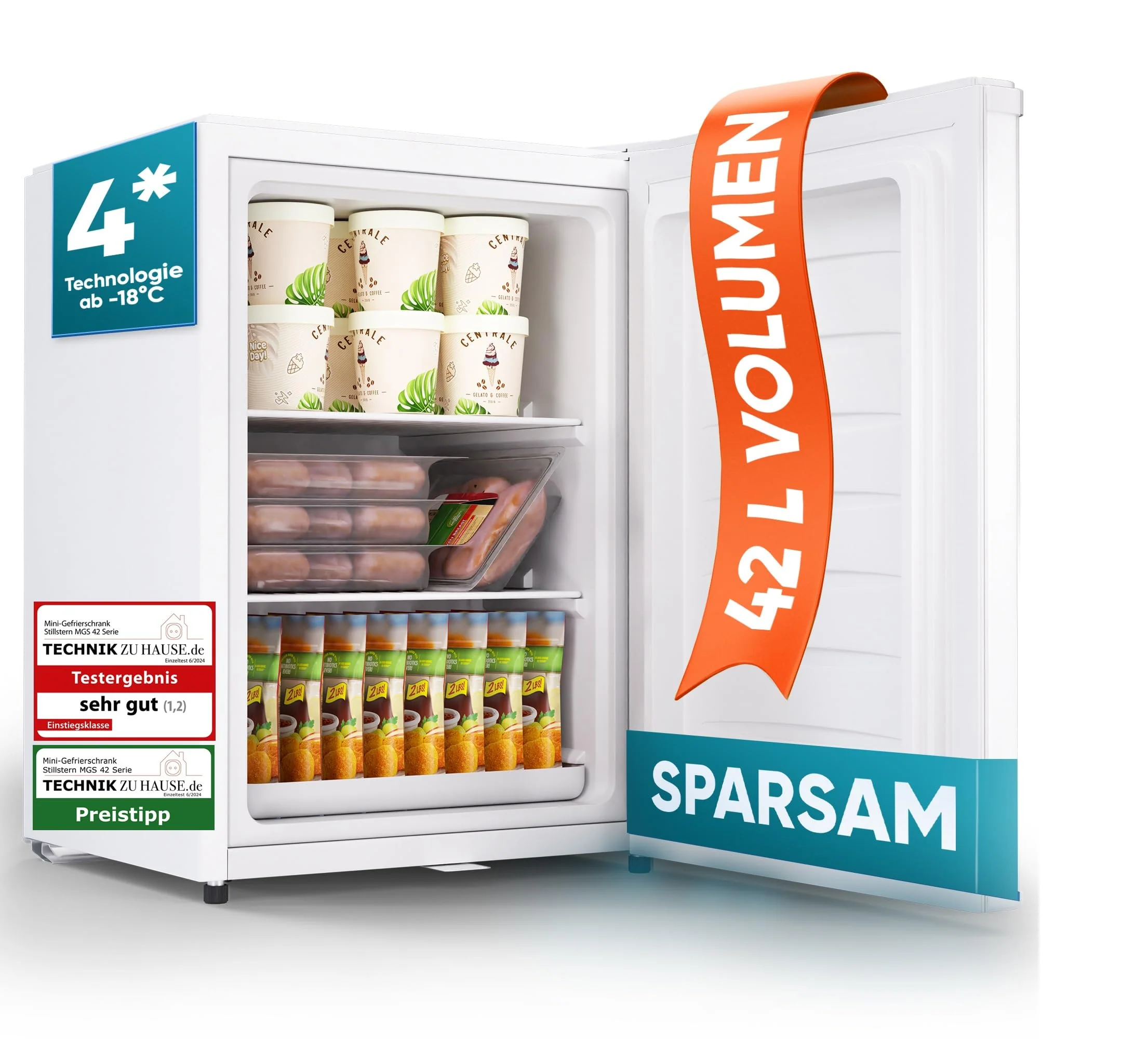 Stillstern Mini Gefrierschrank (42L) -18°C, Eiswürfelschale, Schloss, Türanschlag wechselbar, 4-Sterne Tiefkühlschrank für Camping/Büro Gefriertruhe Klein Gefrierschrank Klein Tiefkühltruhe - Image 4