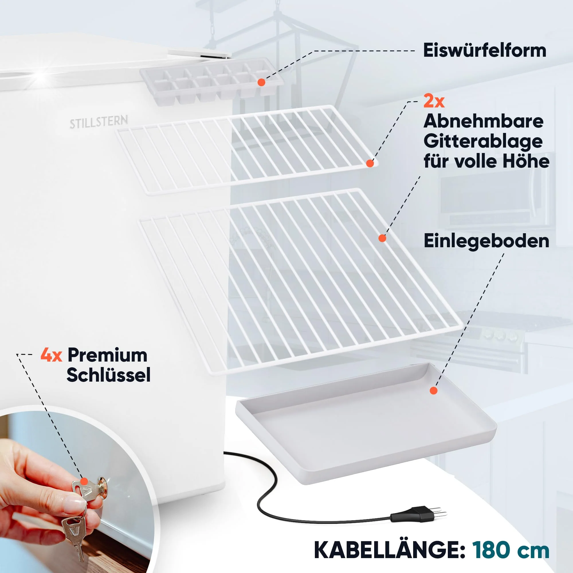 Stillstern Mini Gefrierschrank (42L) -18°C, Eiswürfelschale, Schloss, Türanschlag wechselbar, 4-Sterne Tiefkühlschrank für Camping/Büro Gefriertruhe Klein Gefrierschrank Klein Tiefkühltruhe - Image 6