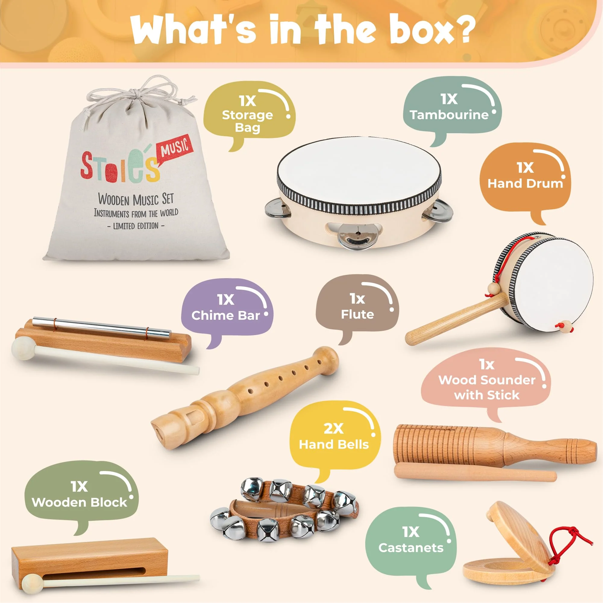 Stoie's International Musik-Set aus Holz für Kleinkinder und Kinder, umweltfreundliches Musik-Set mit Aufbewahrungstasche aus Baumwolle - Image 9
