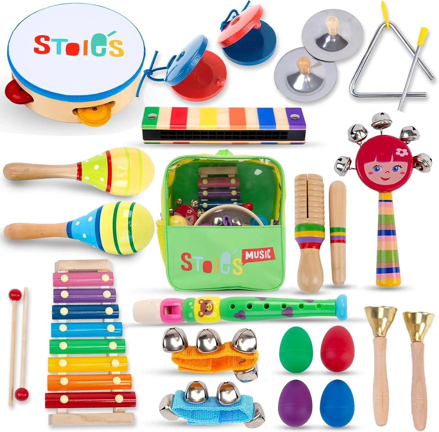 Stoie's Musikinstrumente Kinder ab 3 Jahre 26-teiliges Montessori Instrumente Kinder Rasseleier Baby Klanghölzer Musikspielzeug Trommel Musik Instrumenten