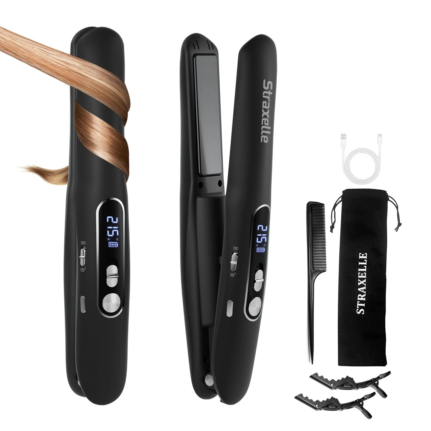 Straxelle Mini Glätteisen Kabellos 2 in 1 Glätteisen Locken und Glätten mit 5000mAh ReiseGlätteisen 3 Einstellbare Temperaturen 175°C-215°C mit LED-Anzeige für Frauen Männer (Schwarz) - Image 3