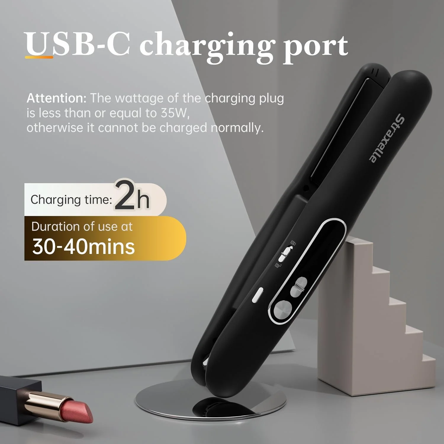 Straxelle Mini Glätteisen Kabellos 2 in 1 Glätteisen Locken und Glätten mit 5000mAh ReiseGlätteisen 3 Einstellbare Temperaturen 175°C-215°C mit LED-Anzeige für Frauen Männer (Schwarz) - Image 4