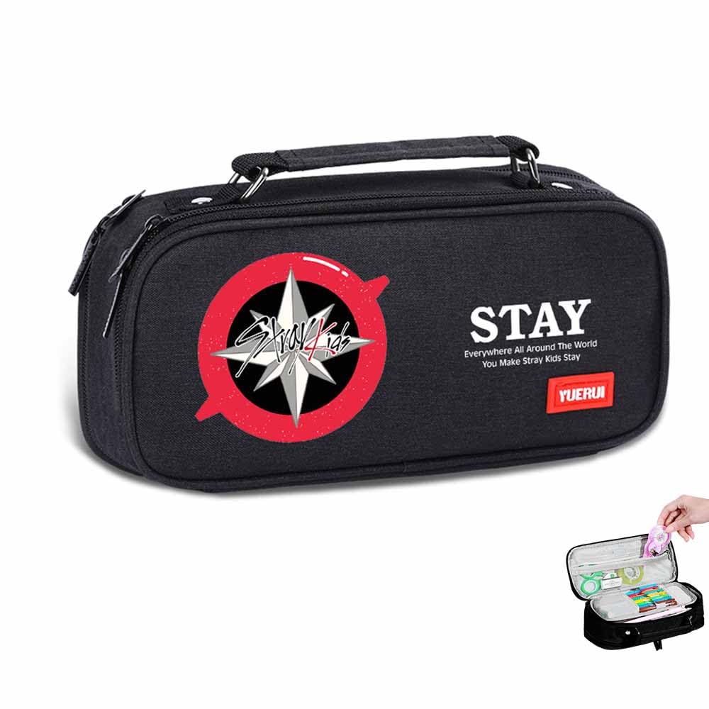 Stray 3 Fächer Federmäppchen, SKZ Schwarz Große Kapazität Mäppchen, Schreibwaren Organizer mit Griffe für Schule und Büro, Stay Kpop Merch Geschenke