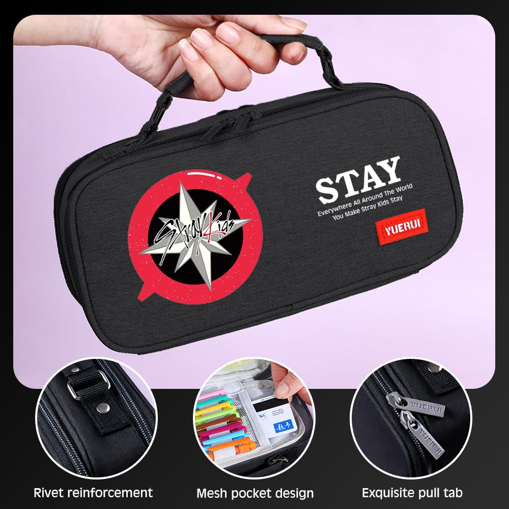 Stray 3 Fächer Federmäppchen, SKZ Schwarz Große Kapazität Mäppchen, Schreibwaren Organizer mit Griffe für Schule und Büro, Stay Kpop Merch Geschenke - Image 6