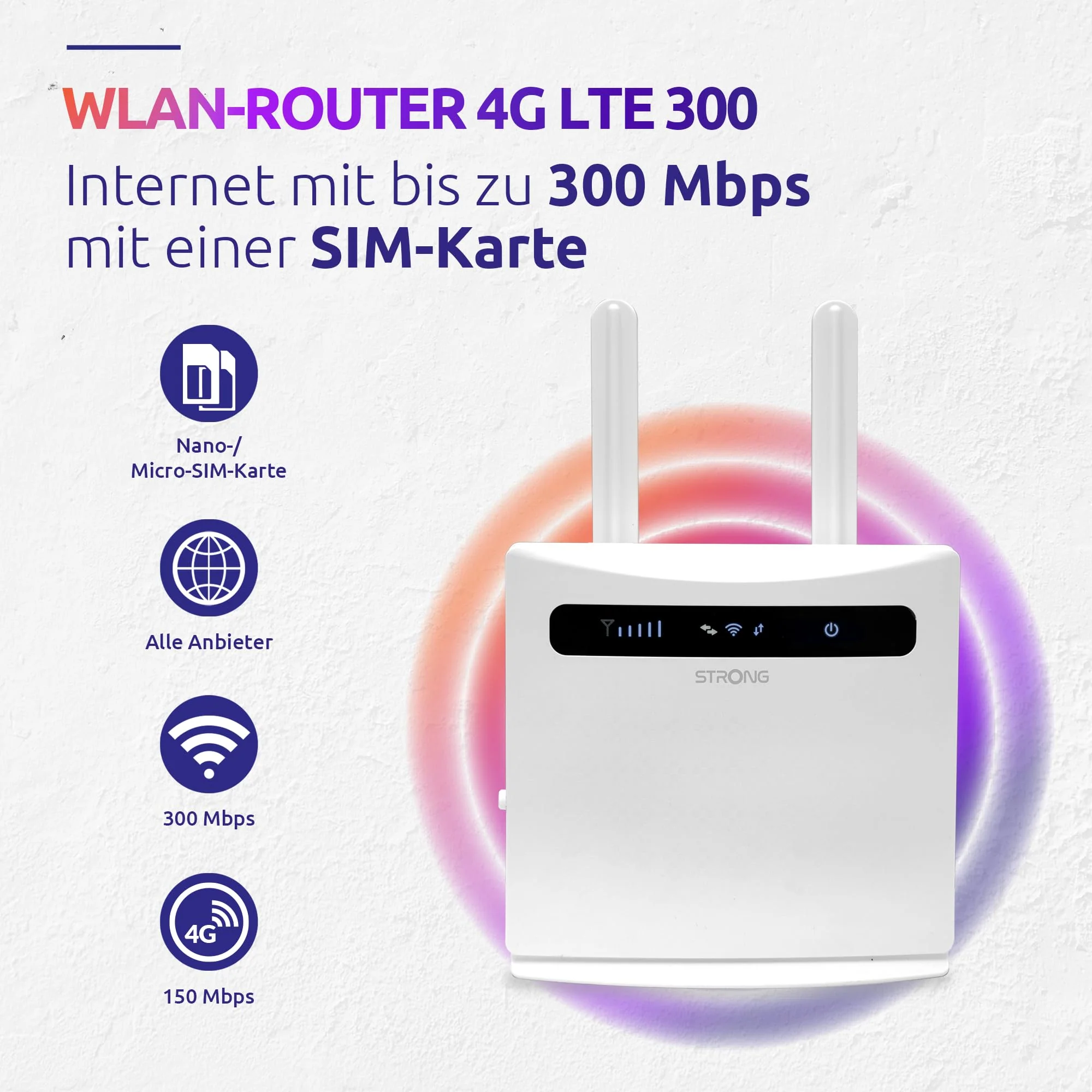 STRONG - 4G LTE Router 300 - Mobiler Hotspot - Bis zu 150 Mbps 4G/300 Mbps WLAN - 4 LAN-Anschlüsse - Für alle SIM-Karten geeignet - Abnehmbare Antennen - Einfache Installation - weiß - Image 4
