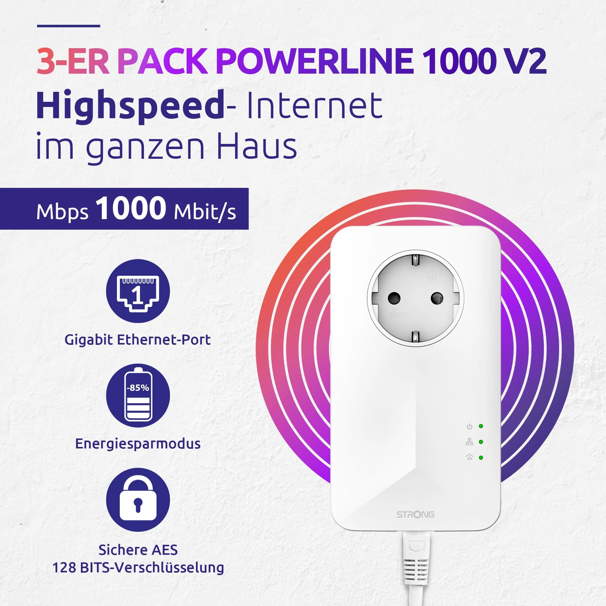 STRONG - Powerline 1000 Triple EU Set - 3 Powerline-Adapter - 1000 Mbps, Fast-Internetzugang - integrierte Steckdose - 300 m Reichweite - Für alle Router - LAN-Anschluss -Easy-Installation - weiß - Image 5