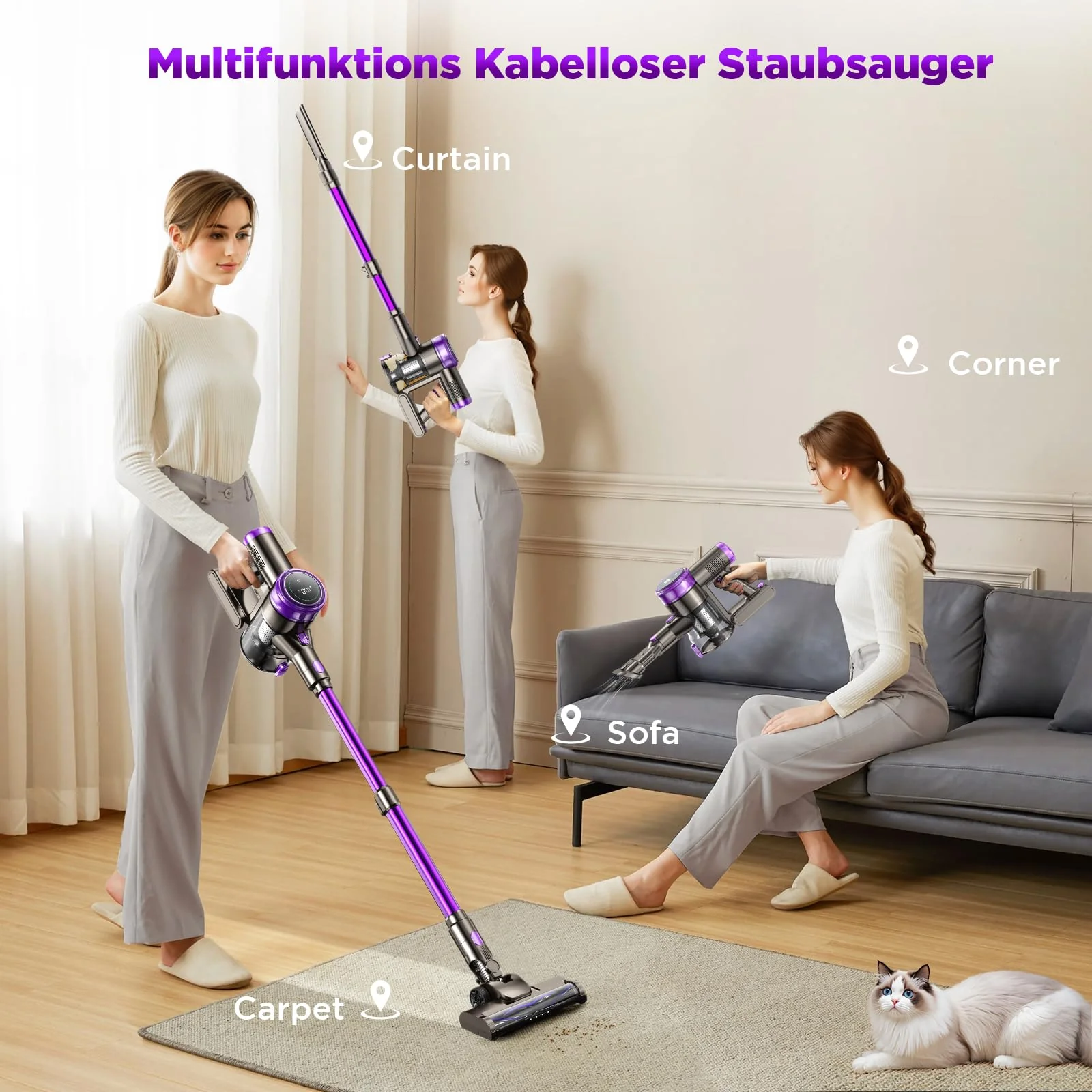 Suafsu Akku Staubsauger Kabellos 45000Pa 550W Akkusauger - Bis zu 65 Min Laufzeit mit LED Display und Anti Tangle Bürste Für Tierhaare Hartböden Teppich - Image 4