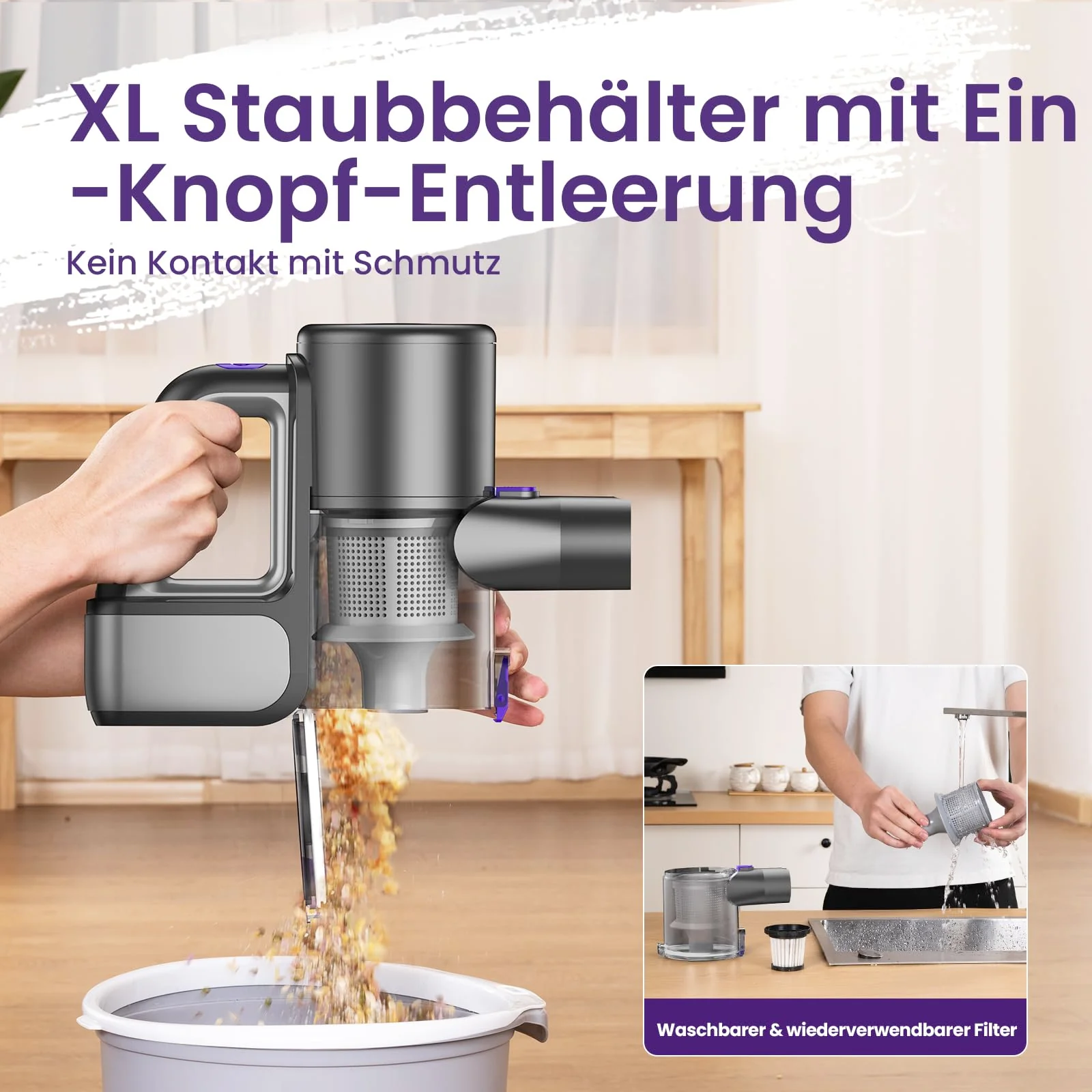 Suirviz Akku Staubsauger Kabellos, 40000Pa/500W/45Min Akkustaubsauger mit Selbststehender Funktion, Leichter Kabelloser Akkusauger mit grünem Licht für Hartböden, Teppiche, Tierhaare - Image 3