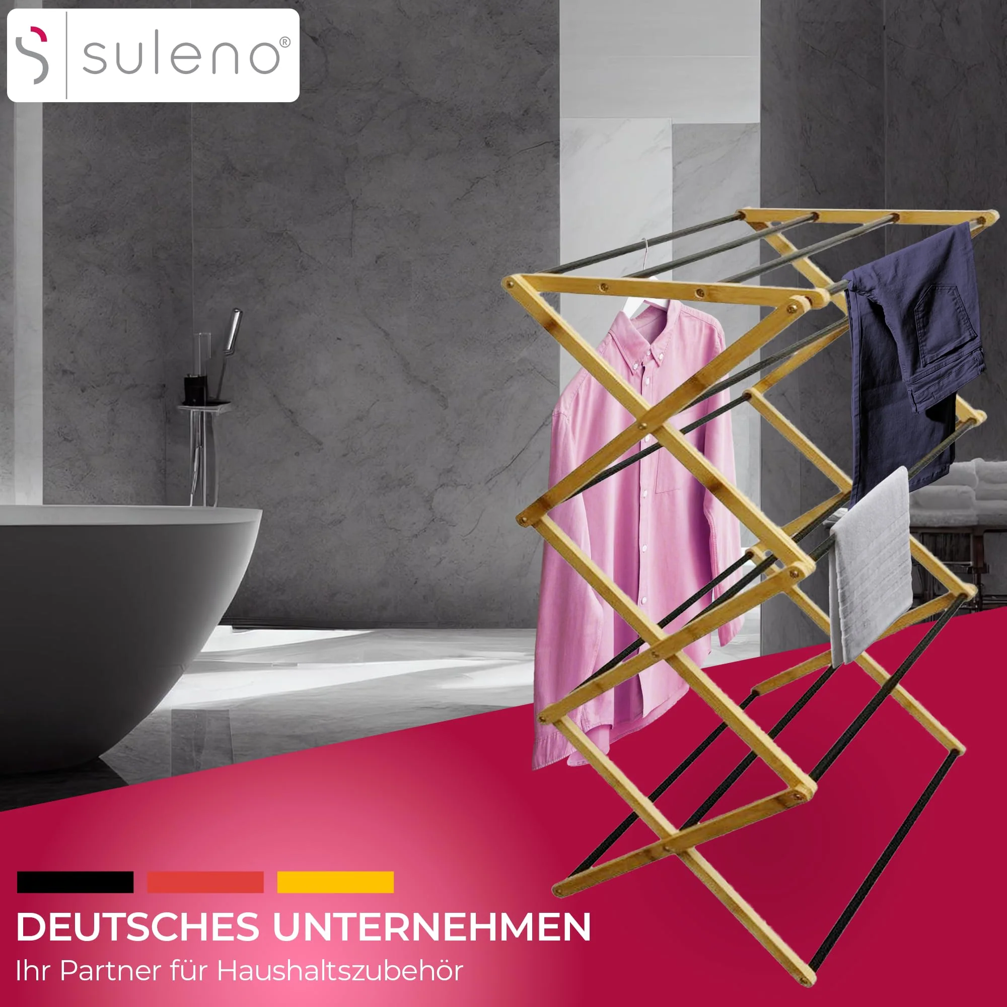 Suleno® Bambus Wäscheständer Bali, 57x113cm Klappbar & Ausziehbar, Platzsparend, 11 Metallstangen, 6 Ebenen, Leicht, Ideal für kleine Wohnungen, Enge Räume & Balkon, Innen/Außen, Umweltfreundlich - Image 2