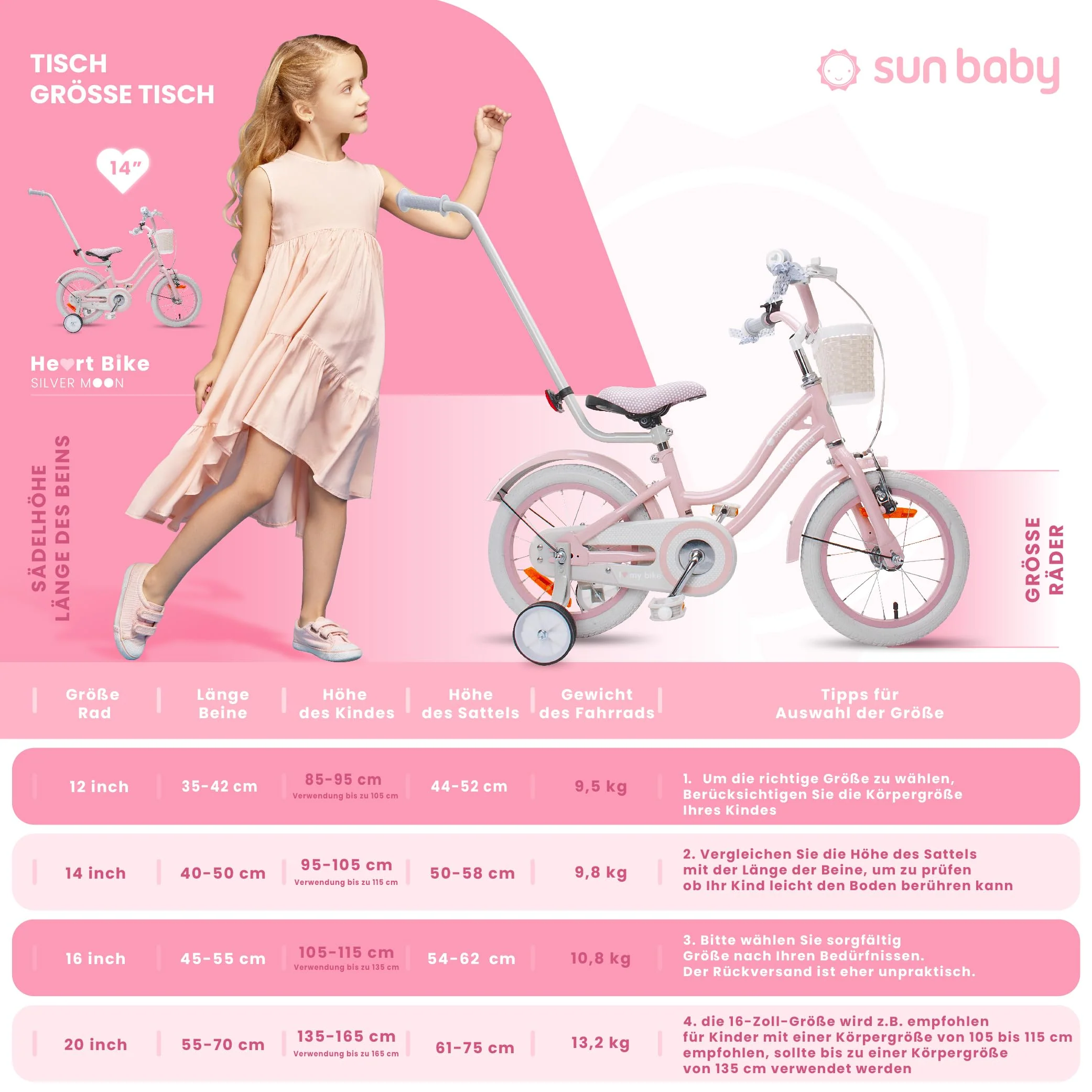 sun baby Mädchenfahrrad 14 Zoll Radgröße Heart Bike zur Auswahl, mit Abnehmbarer Schubstange, Kinderfahrrad für Mädchen von 2 bis 6 Jahre (Silver Moon Rosa, 14 Zoll) - Image 2