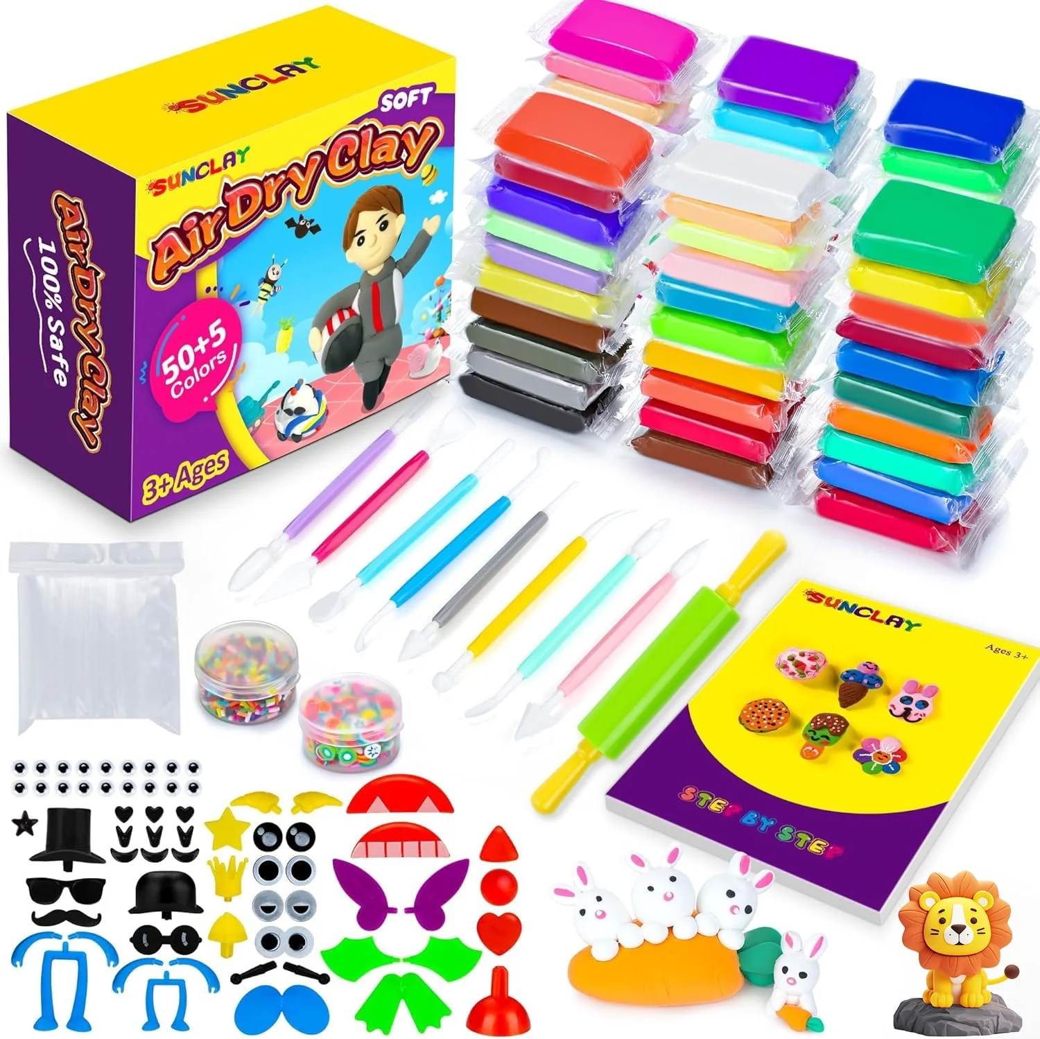 SUNCLAY Modelliermasse Lufttrocknend - 55 Farben Knete Set mit 80 Seiten Anleitungsbuch 9 Stück Knetwerkzeug 5 Stück Knete Zubehör Spielzeug Geschenke für Kinder Jungen Mädchen ab 3 4 5 6 7 8-12 Jahre