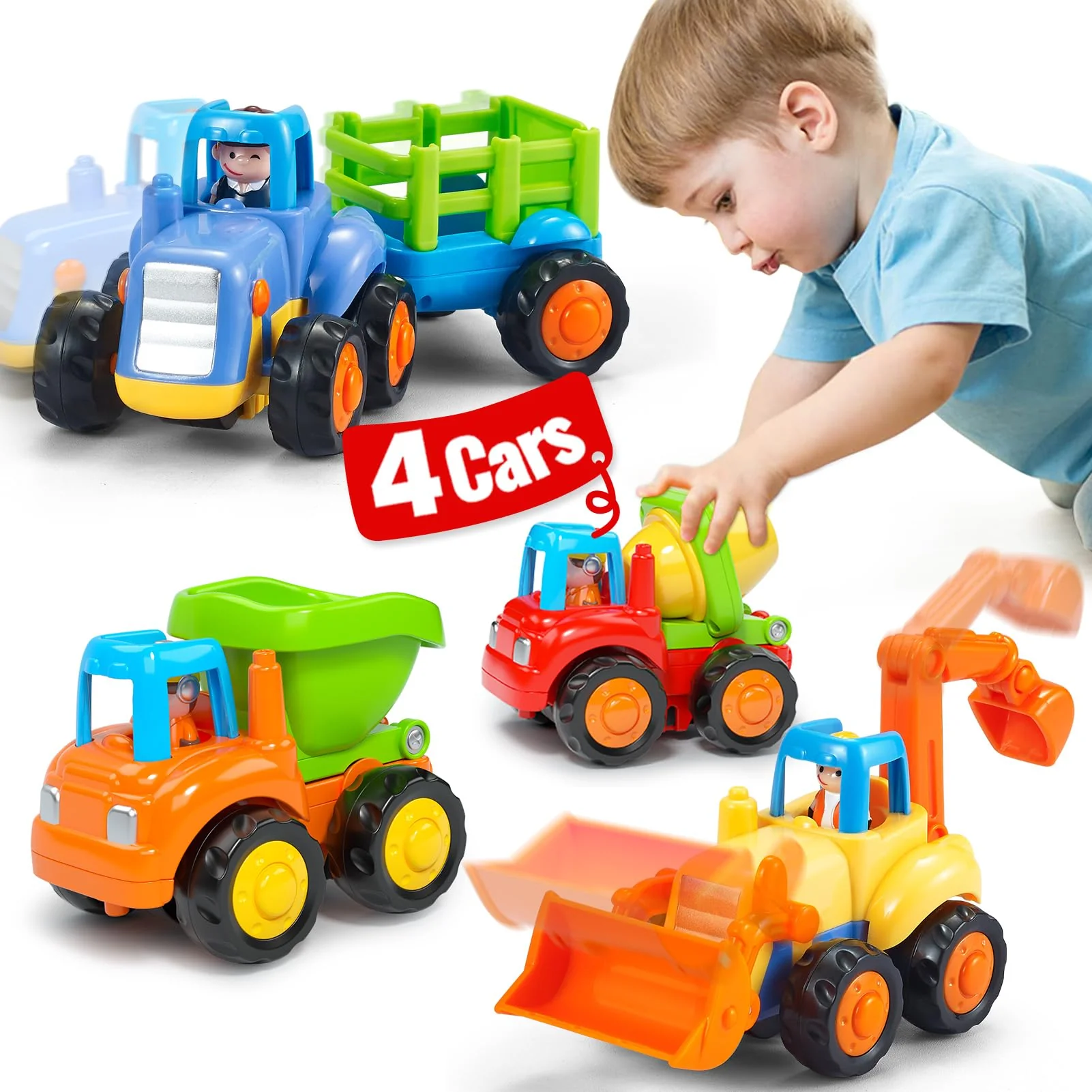 SunnyPal Spielzeug ab 1 Jahr Junge Mädchen Geschenke - 4 STK. Auto ab 2 Jahre Jungen, 4WD Reibungsauto Spielzeug Lastwagen Kinder, Baby Bagger Traktor Kipplaster Betonmischer
