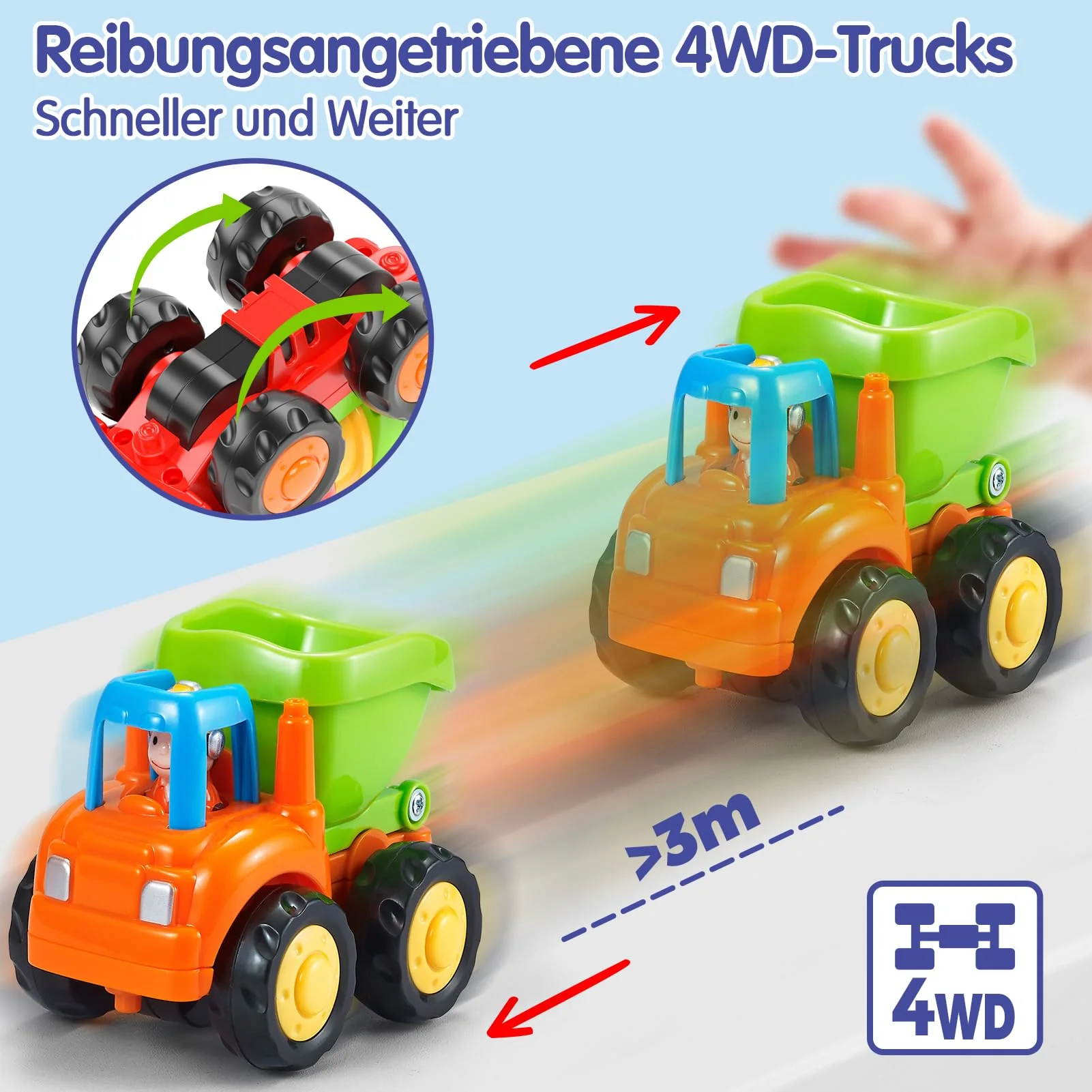 SunnyPal Spielzeug ab 1 Jahr Junge Mädchen Geschenke - 4 STK. Auto ab 2 Jahre Jungen, 4WD Reibungsauto Spielzeug Lastwagen Kinder, Baby Bagger Traktor Kipplaster Betonmischer - Image 3