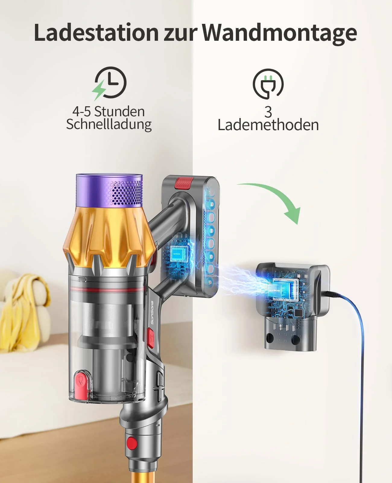 SunSare Akku Staubsauger 550W/45000Pa/60Min, Staubsauger Kabellos mit Smart Display und Ladestation, Leichter Antiverwicklung Akkusauger, Super Leise akkustaubsauger für Hartböden Teppiche Tierhaare - Image 4