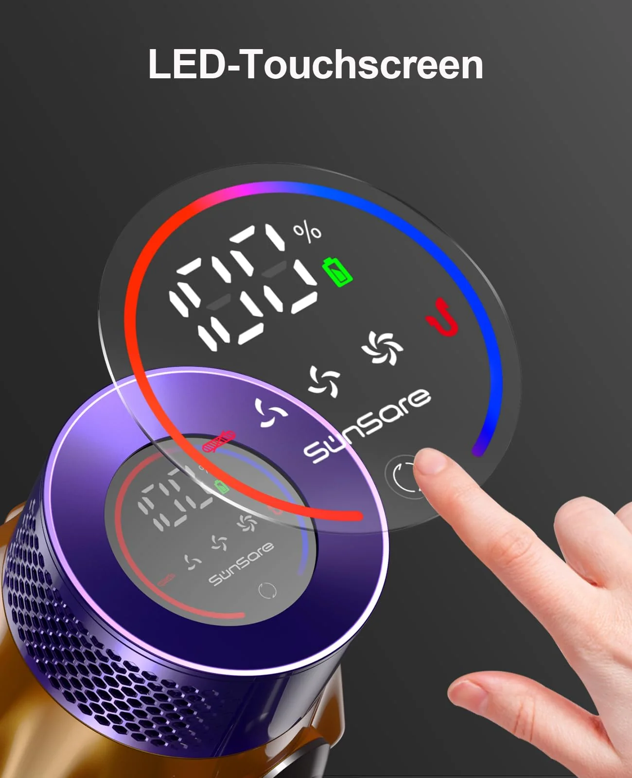 SunSare Akku Staubsauger 550W/45000Pa/60Min, Staubsauger Kabellos mit Smart Display und Ladestation, Leichter Antiverwicklung Akkusauger, Super Leise akkustaubsauger für Hartböden Teppiche Tierhaare - Image 7