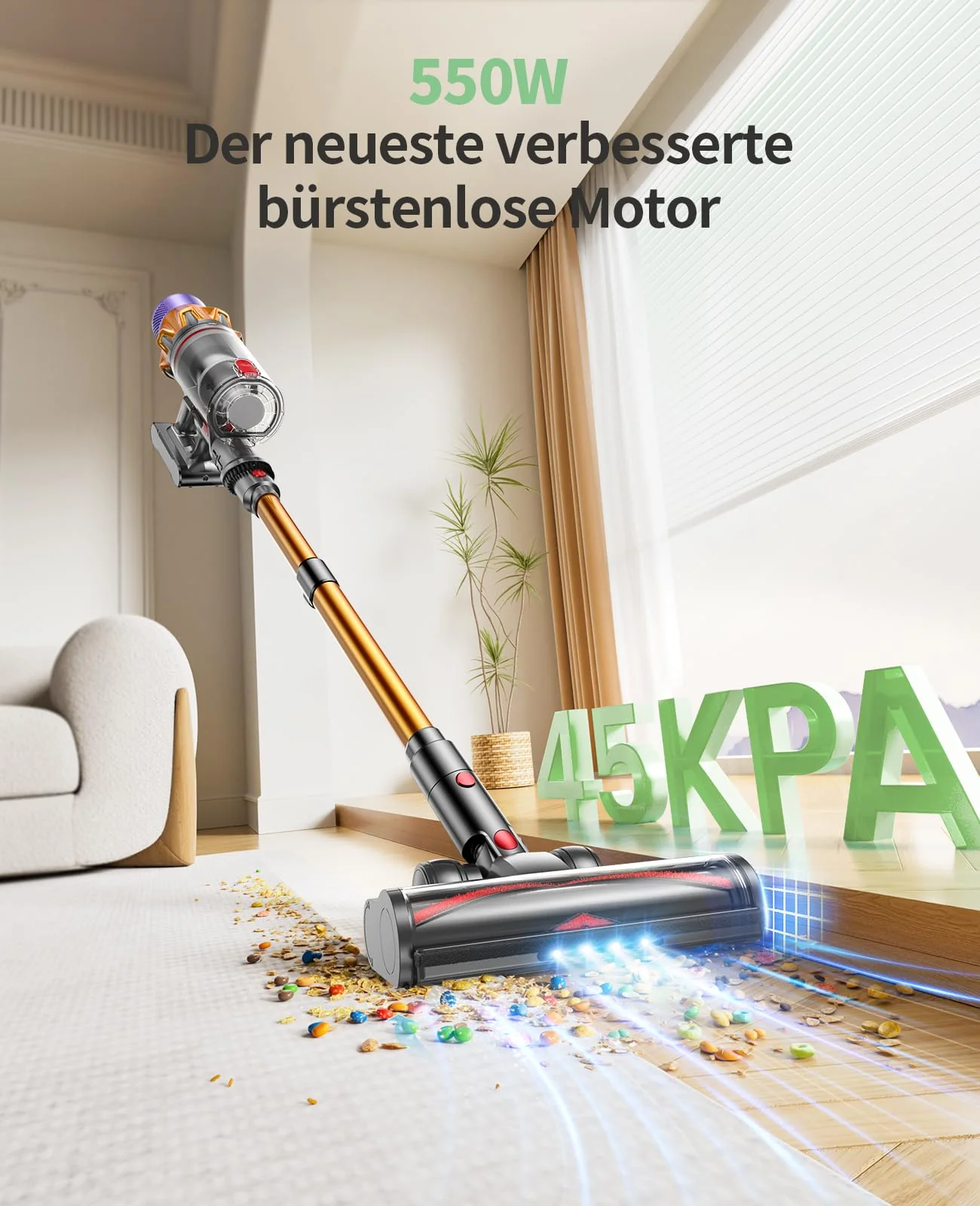 SunSare Akku Staubsauger 550W/45000Pa/60Min, Staubsauger Kabellos mit Smart Display und Ladestation, Leichter Antiverwicklung Akkusauger, Super Leise akkustaubsauger für Hartböden Teppiche Tierhaare - Image 8