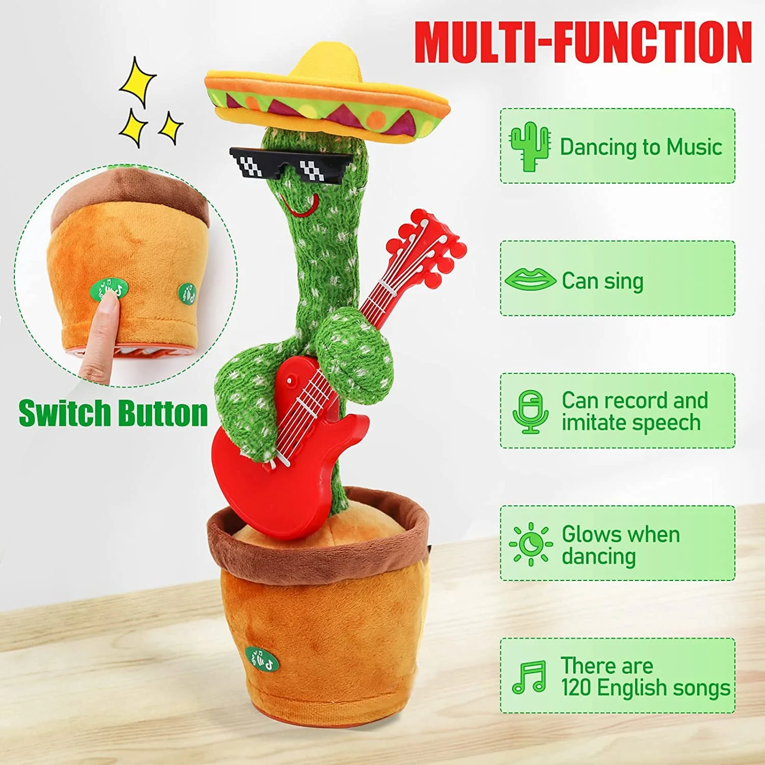 Sunshine smile Sprechender Kaktus,Singender Kaktus,Nachsprechender kaktu,Dancing Cactus,Aufnehmen Lernen zu Sprechen Plüsch - Image 4