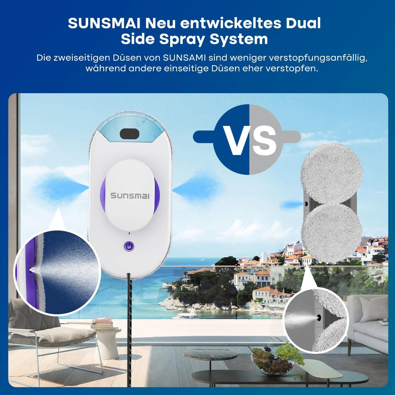 SUNSMAI Dual Side Spray Fensterputzroboter, Anti-verstopfungsfreie Elektrisch Automatischer Fensterroboter mit Wassersprühfunktion,3800pa Starke Anti-Drop Automatischer Fensterputzer,12 Tücher (Lila) - Image 4