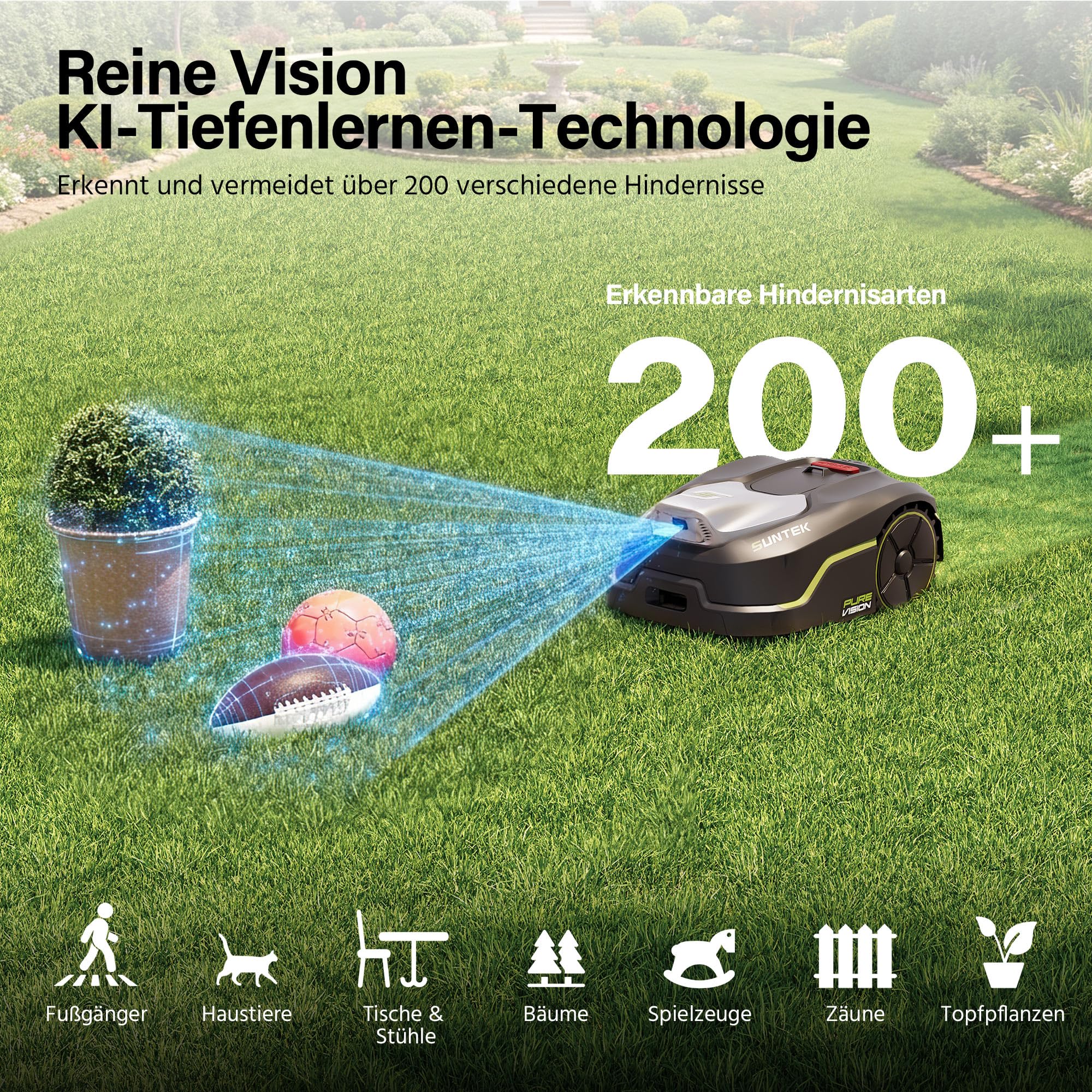 SUNTEK SRM2025 Mähroboter ohne Begrenzungskabel, KI Pure Vision Rasenmäher Roboter für 250 m² mit automatischer Kartierung, 35% Steigung, Wasserdichtigkeit IPX5, Automatische Kartierung, APP-Steuerung - Image 2