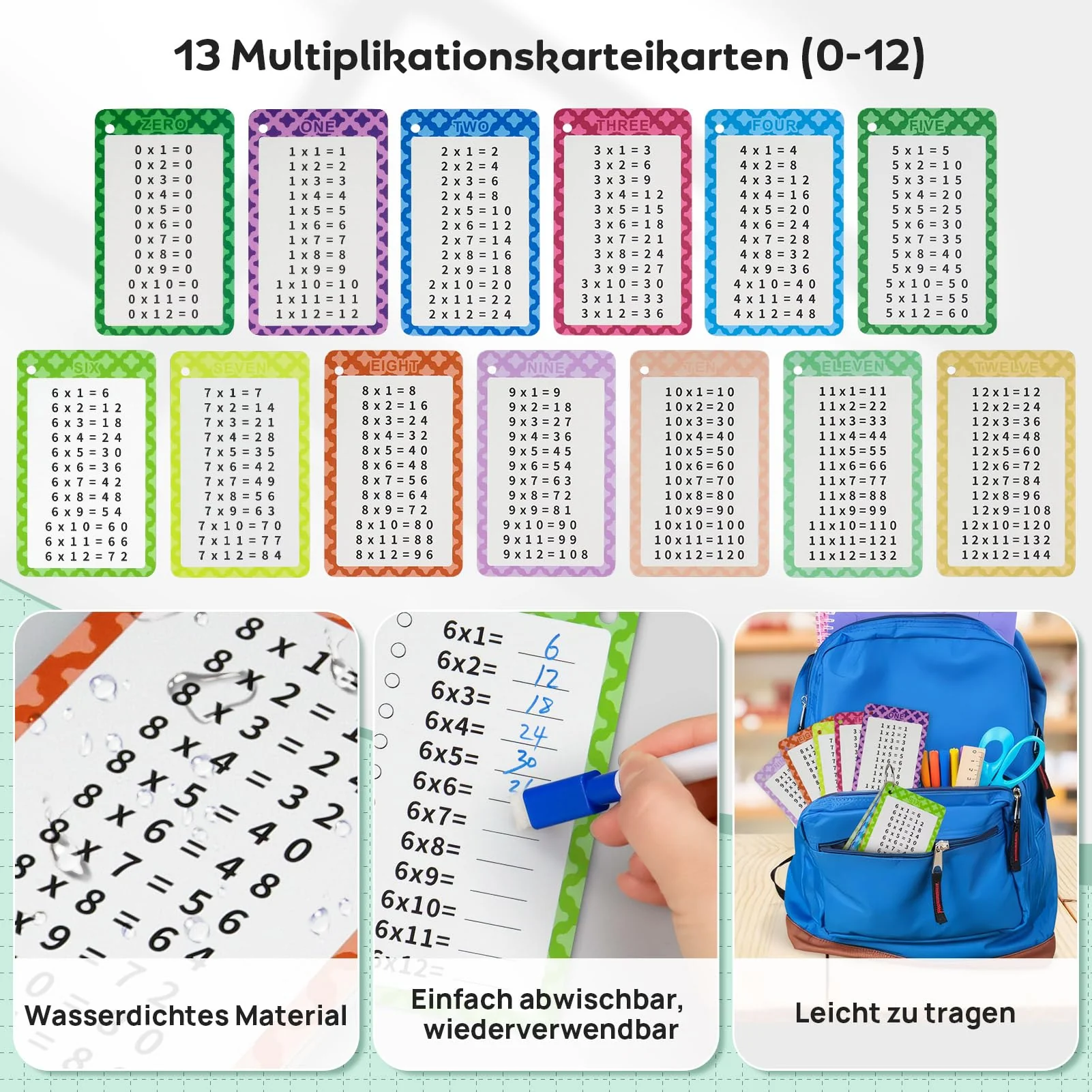 Suofuolef 1x1 Lernkarten, Einmaleins Tabelle mit 13 x Übungsblättern, Rechenhilfe Trocken Abwischbar Ohne zu Schmieren und Ohne Farbrückstände - Image 5