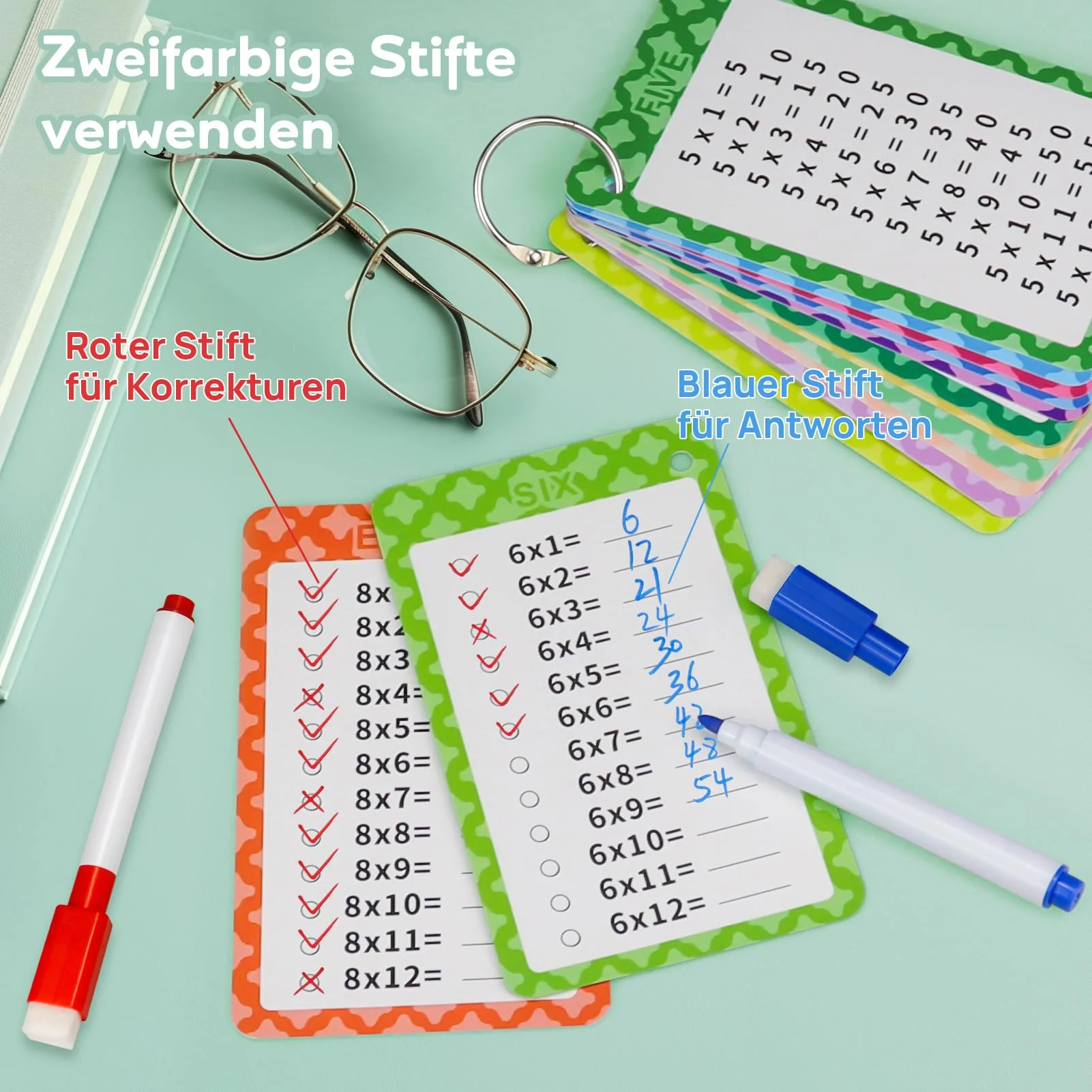Suofuolef 1x1 Lernkarten, Einmaleins Tabelle mit 13 x Übungsblättern, Rechenhilfe Trocken Abwischbar Ohne zu Schmieren und Ohne Farbrückstände - Image 6