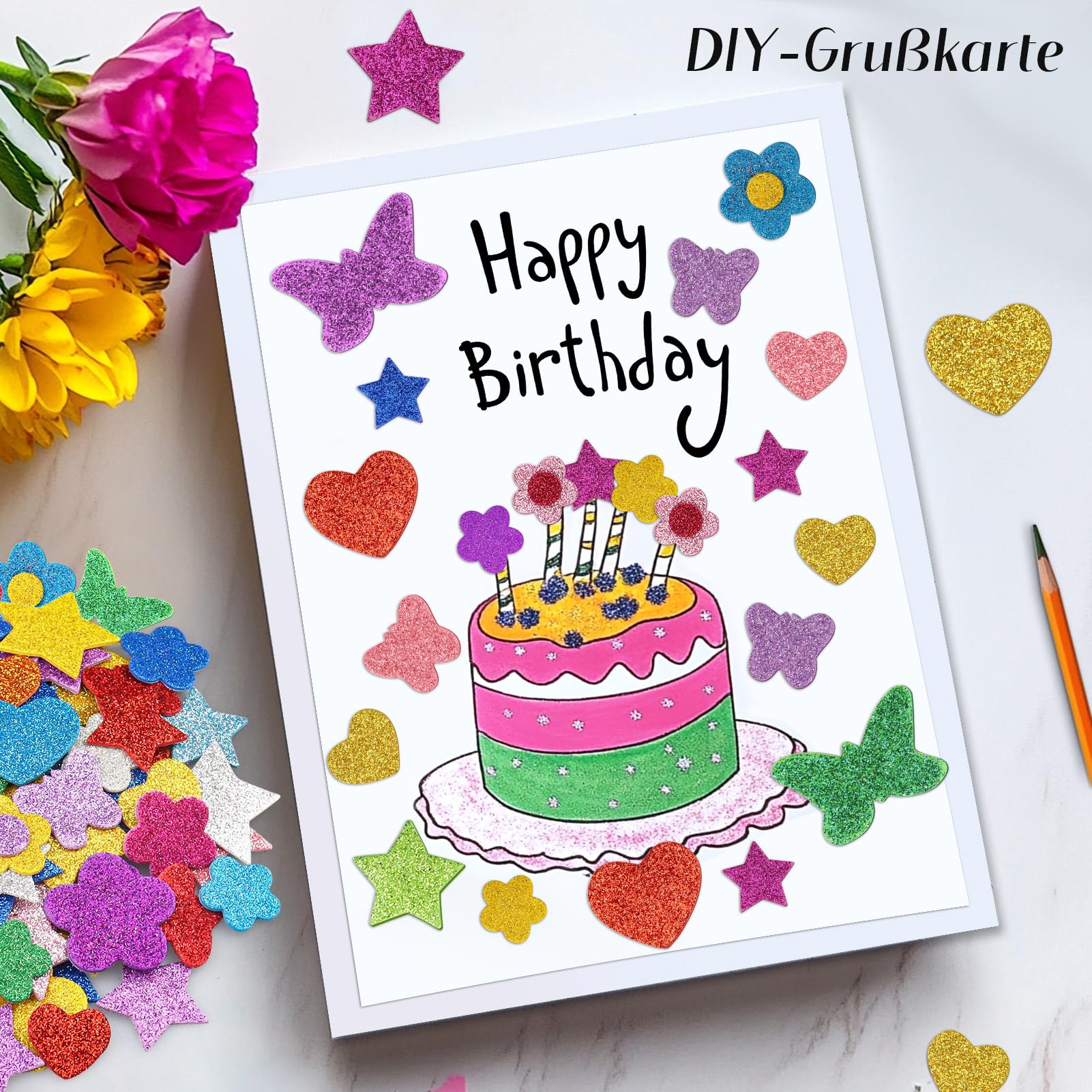 Suofuolef Glitzernde Schaumstoff Aufkleber, 4 Muster Bunte Sterne, Herz, Schmetterlinge, Blumen Aufkleber für Kinder/Wand Dekoration/Basteln/Fertigkeit Dekoration - Image 6