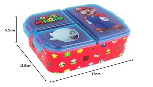 Super Mario Brotdose Kinder - Lunchbox mit 3 Fächern und Clip-Verschlüssen, Bento Snackbox aus Kunststoff bpa-frei - Vesperdose für Kindergarten & Schule, robust und leicht zu reinigen - Image 2
